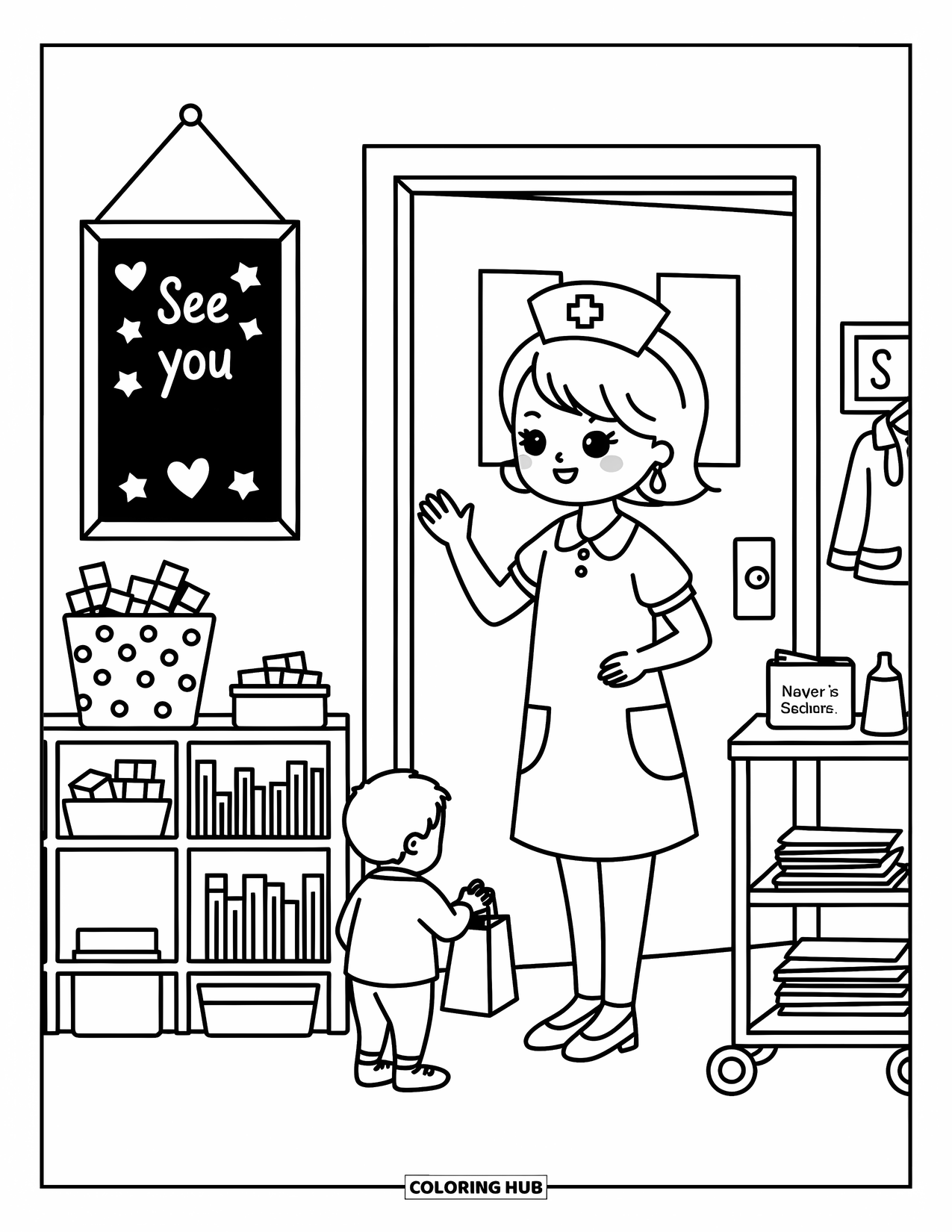 Nurse Coloring Page for Adults: A cheerful nurse waves to a child carrying a little bag from the clinic