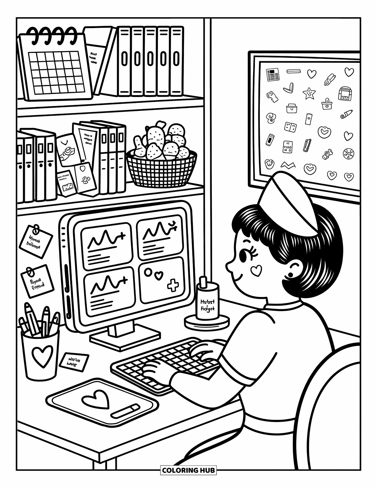 Nurse Coloring Page for Adults: A cute nurse types at her desk beside books, notes, and cozy decor