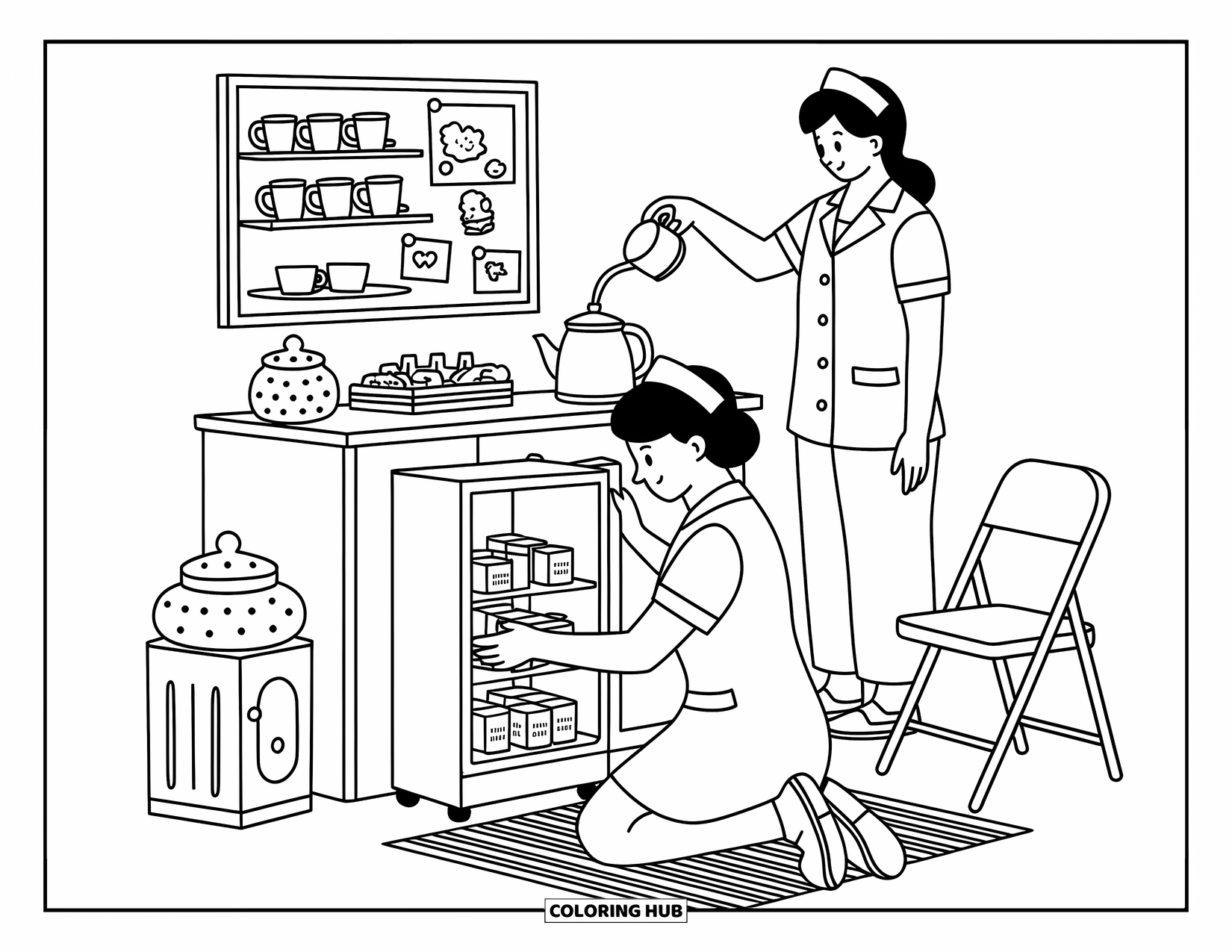 Nurse Coloring Page for Adults: A kind nurse fills a small fridge with treats while another pours tea