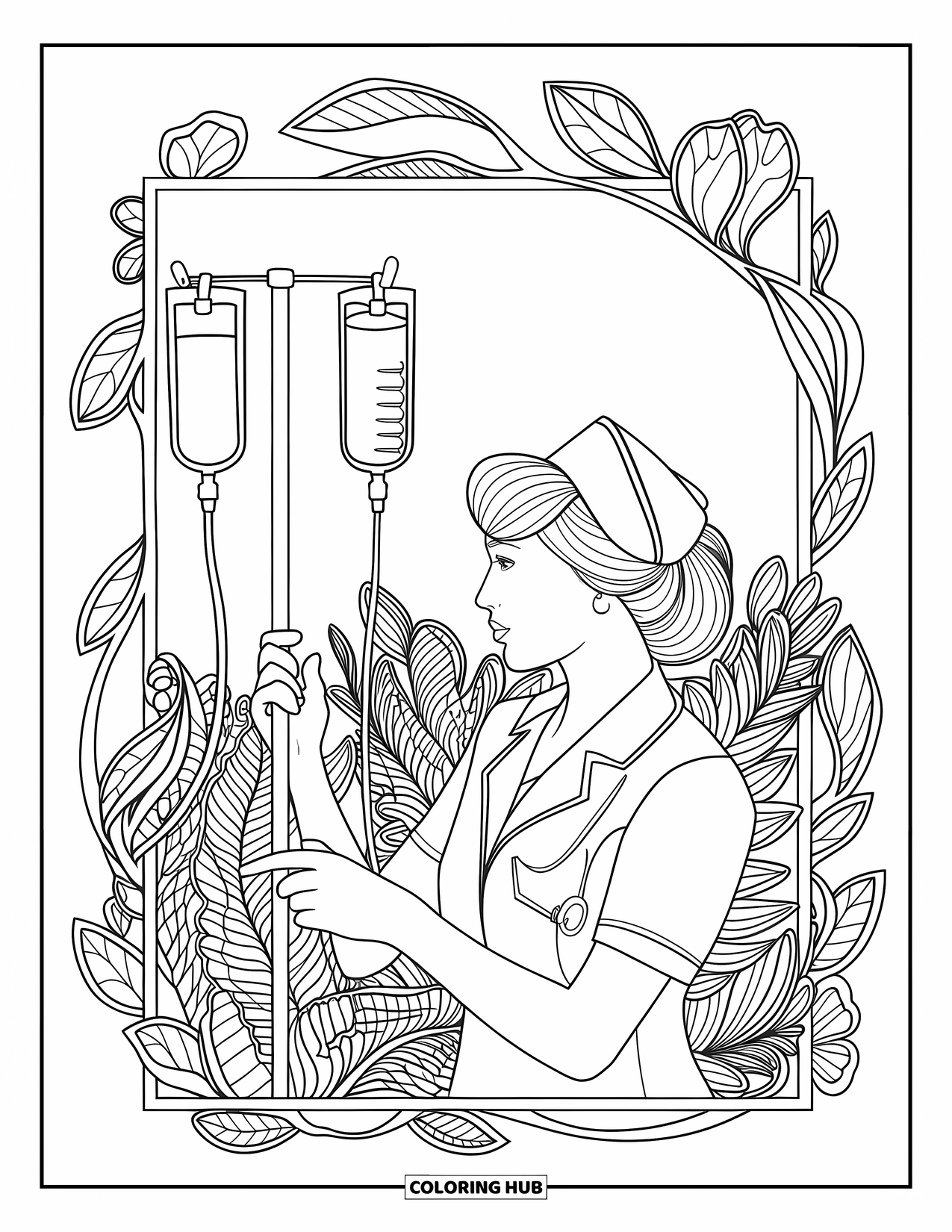 Nurse Coloring Page for Adults: A nurse adjusts IV tubes framed by leaves and delicate floral patterns