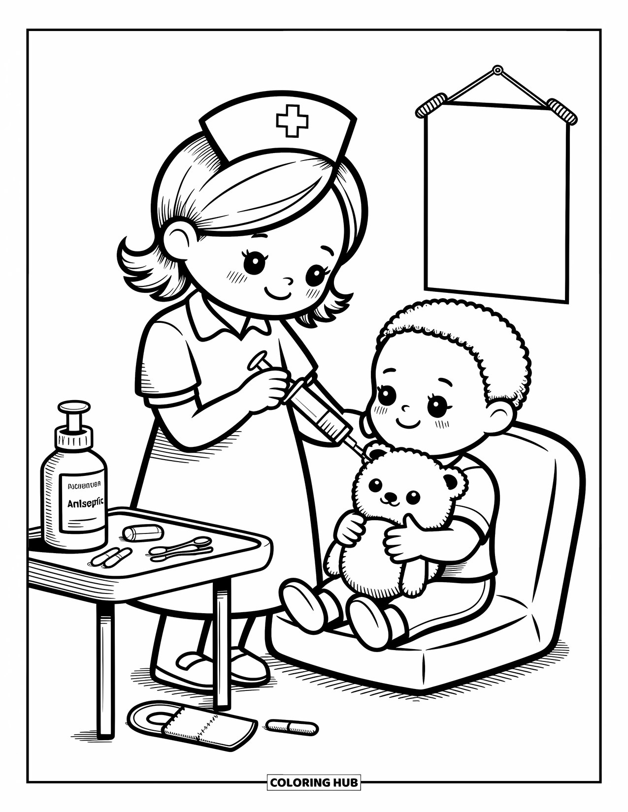 Nurse Coloring Page for Adults: A nurse comforts a child while giving medicine with care and warmth