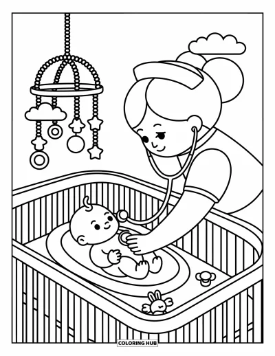 Tegning af sygeplejerske til voksne: En sygeplejerske tjekker forsigtigt en babys hjerteslag, mens den sover med sit legetøj