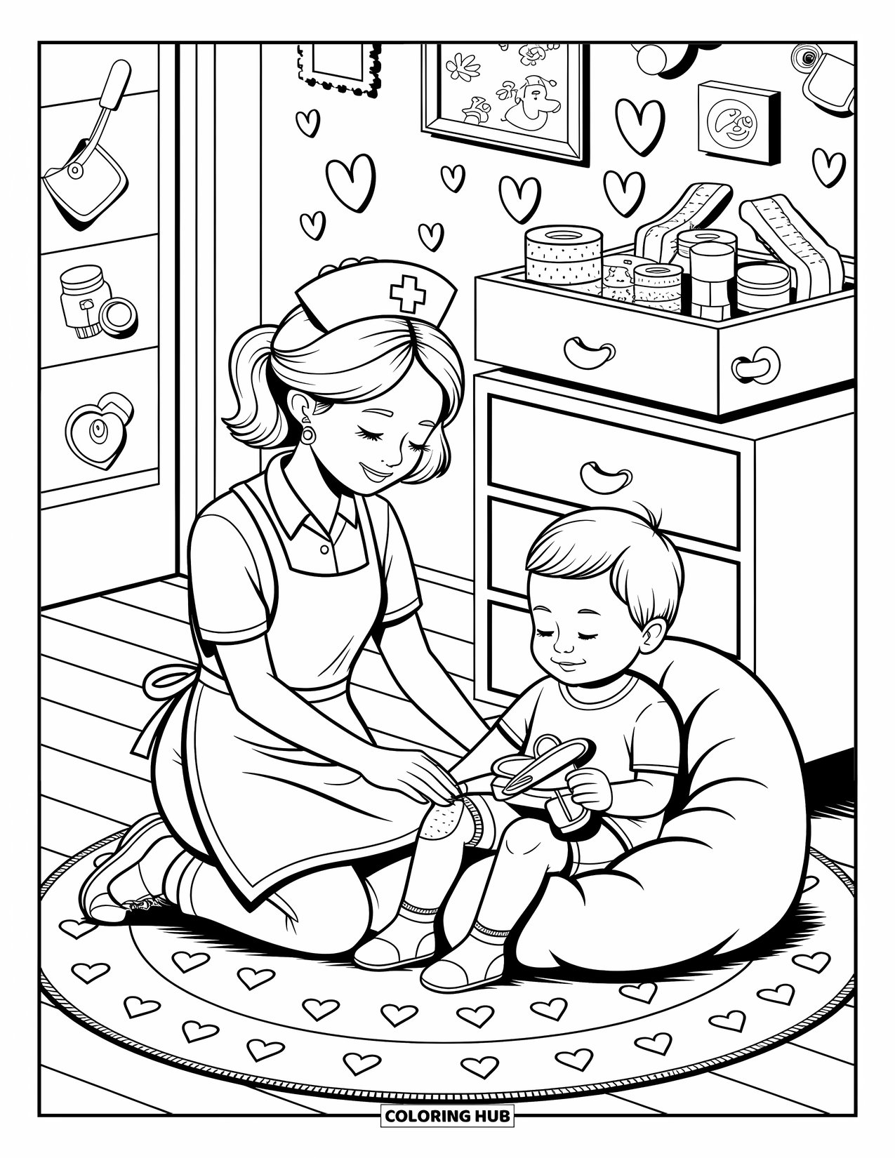 Nurse Coloring Page for Adults: A nurse gently helps a child with a scrape while toys surround them