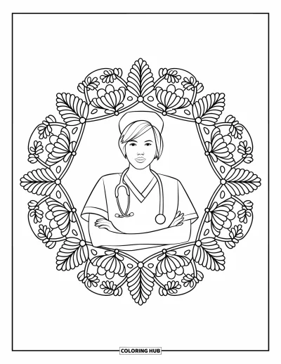 Tegning af sygeplejerske til voksne: En sygeplejerske i skrubs med stetoskop står i en blomstrende mandala