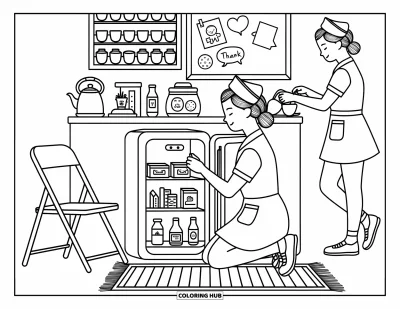 Tegning af sygeplejerske til voksne: En sygeplejerske knæler for at lægge snacks i et lille køleskab ved et hyggeligt pauseområde