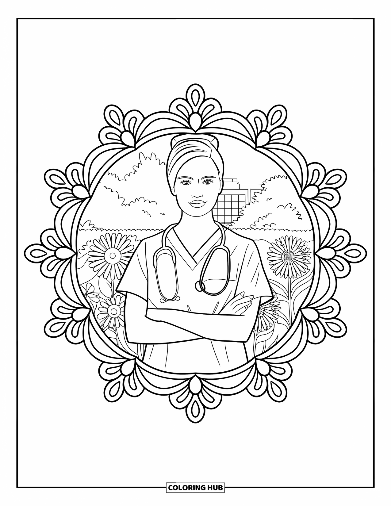 Nurse Coloring Page for Adults: A nurse with a stethoscope smiles in a garden framed by flowers