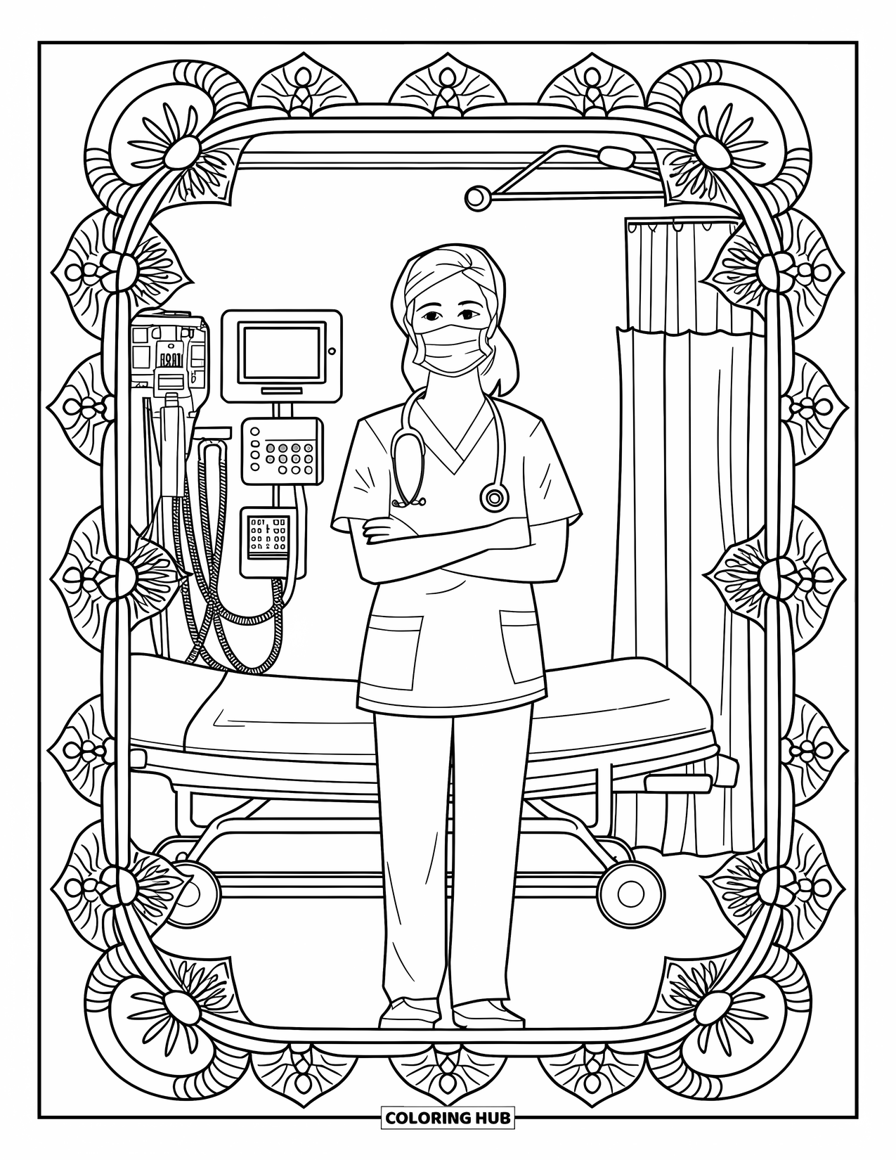 Nurse Coloring Page for Adults: A nurse with a stethoscope stands in a hospital encircled by flowers