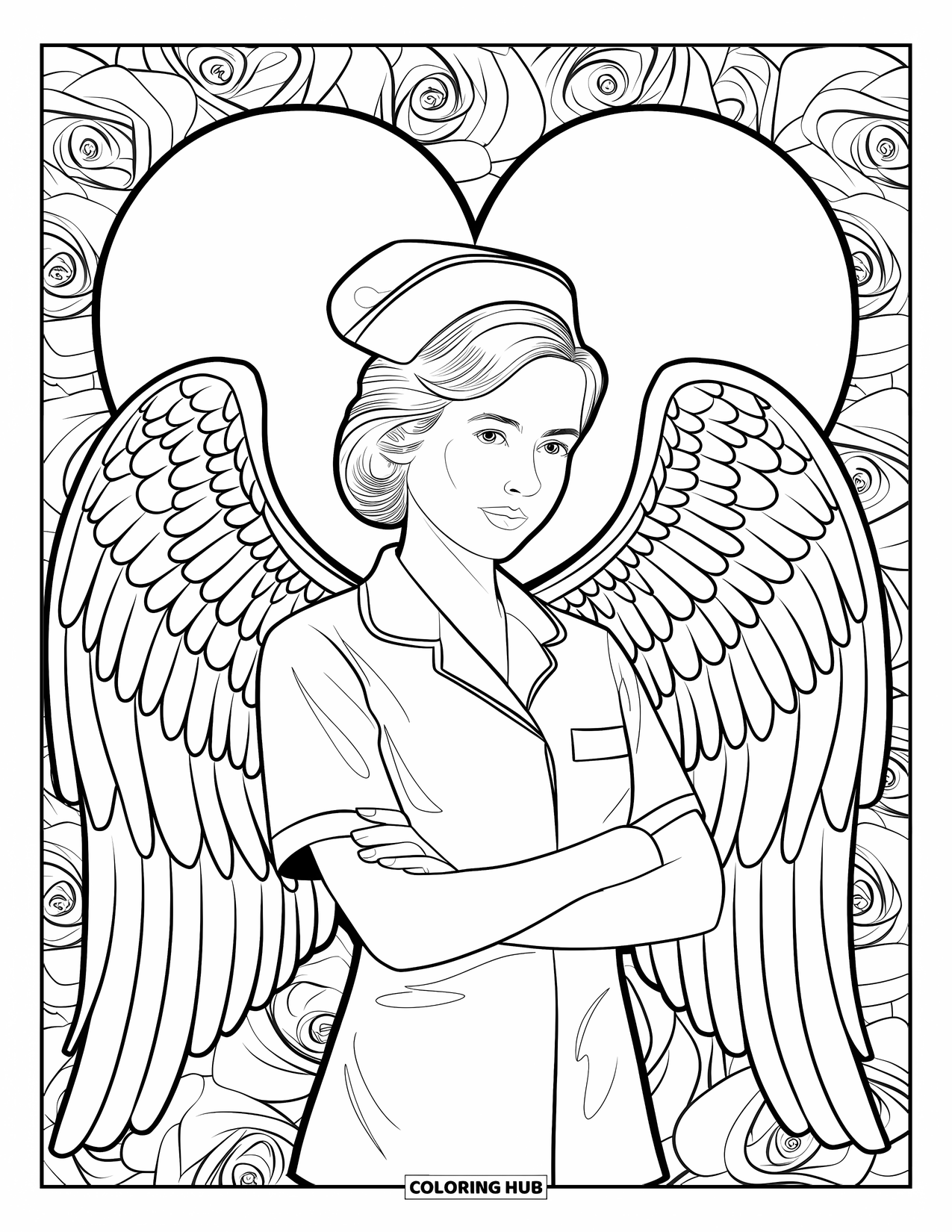 Nurse Coloring Page for Adults: A nurse with angel wings stands before a heart and blooming roses