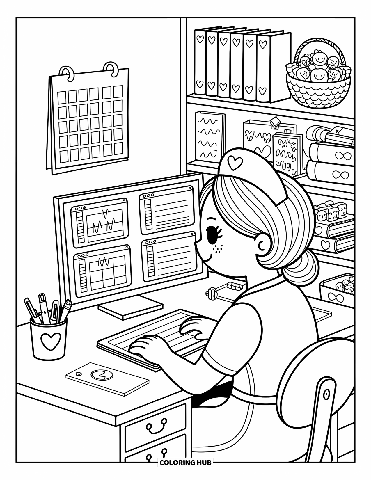 Nurse Coloring Page for Adults: A nurse works at her cozy desk filled with notes, books, and sweet details