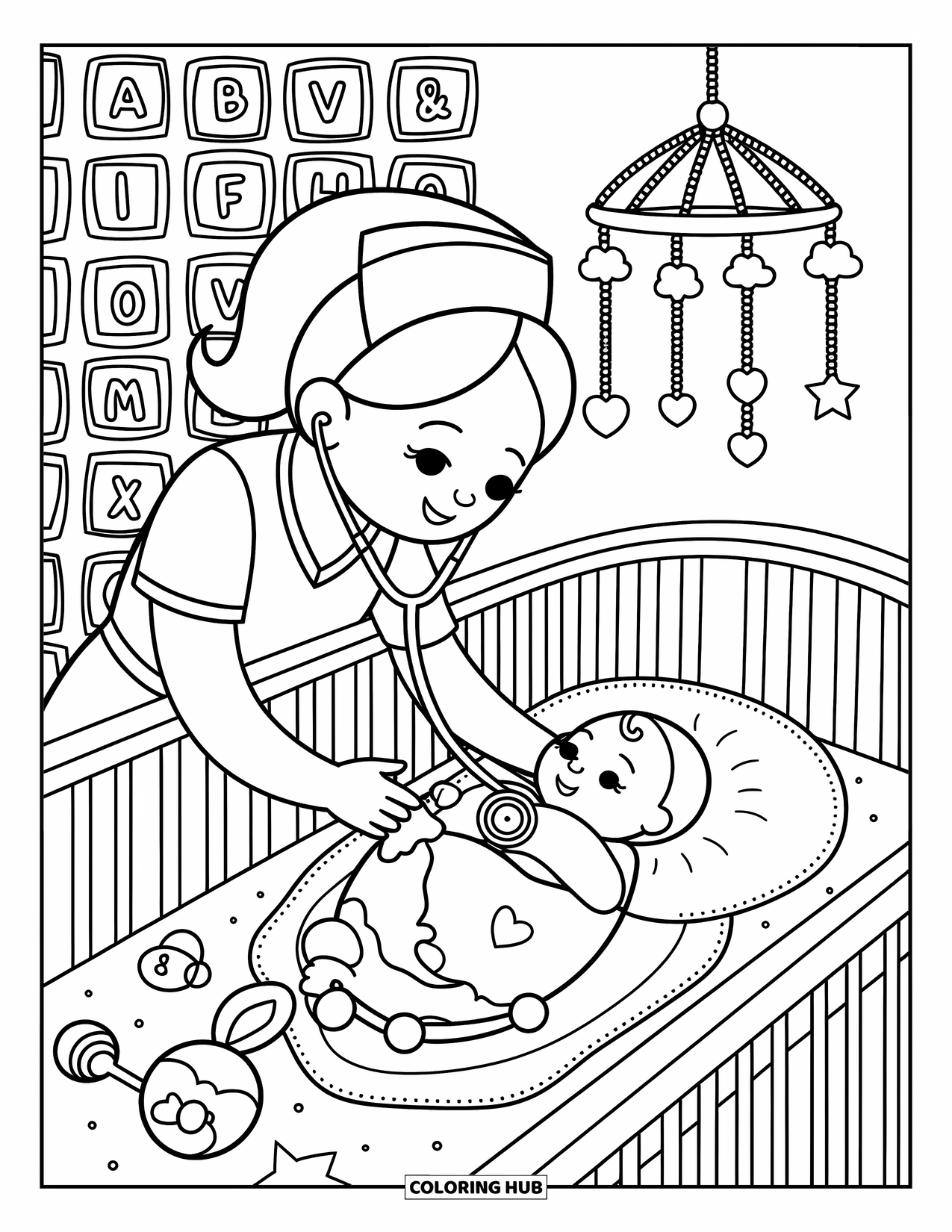 Nurse Coloring Page for Adults: A sweet nurse leans over a crib to listen to a baby's tiny heartbeat