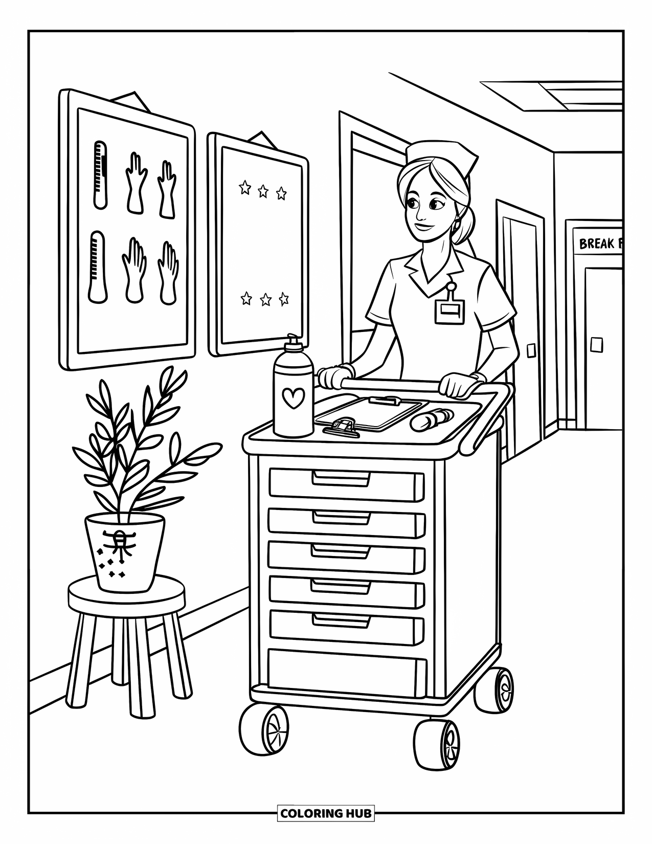 Nurse Coloring Page for Kids: A busy nurse walks the hall with her organized medical cart
