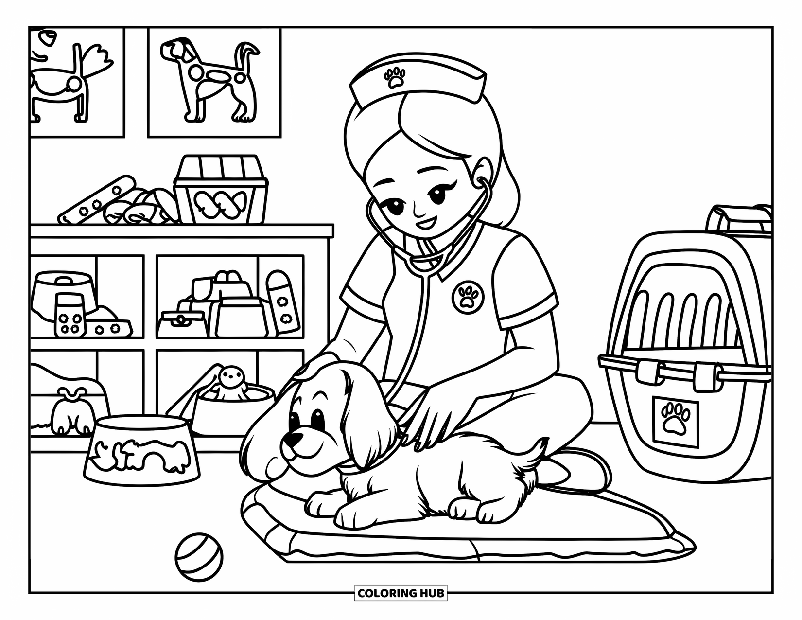 Nurse Coloring Page for Kids: A caring nurse checks a puppy's chest as it wags happily beside her