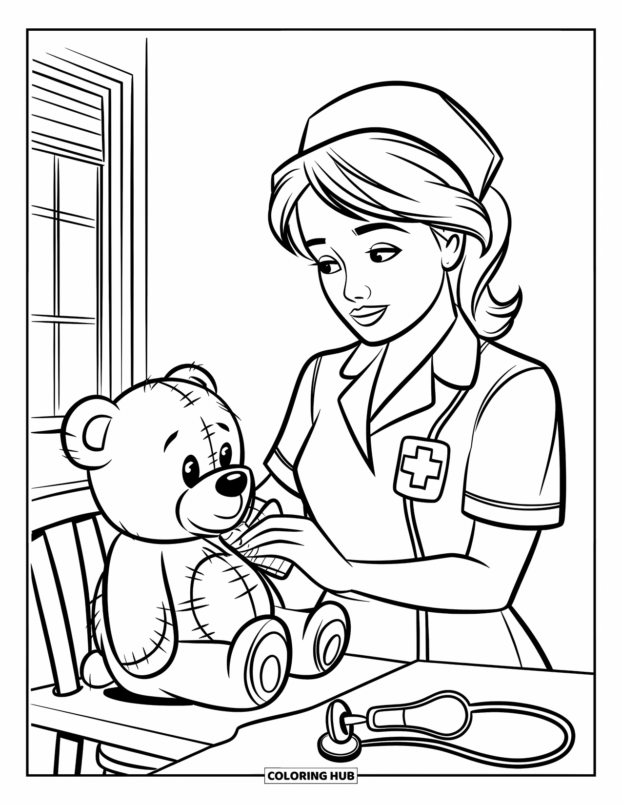 Nurse Coloring Page for Kids: A caring nurse tends to a teddy bear's tiny injury