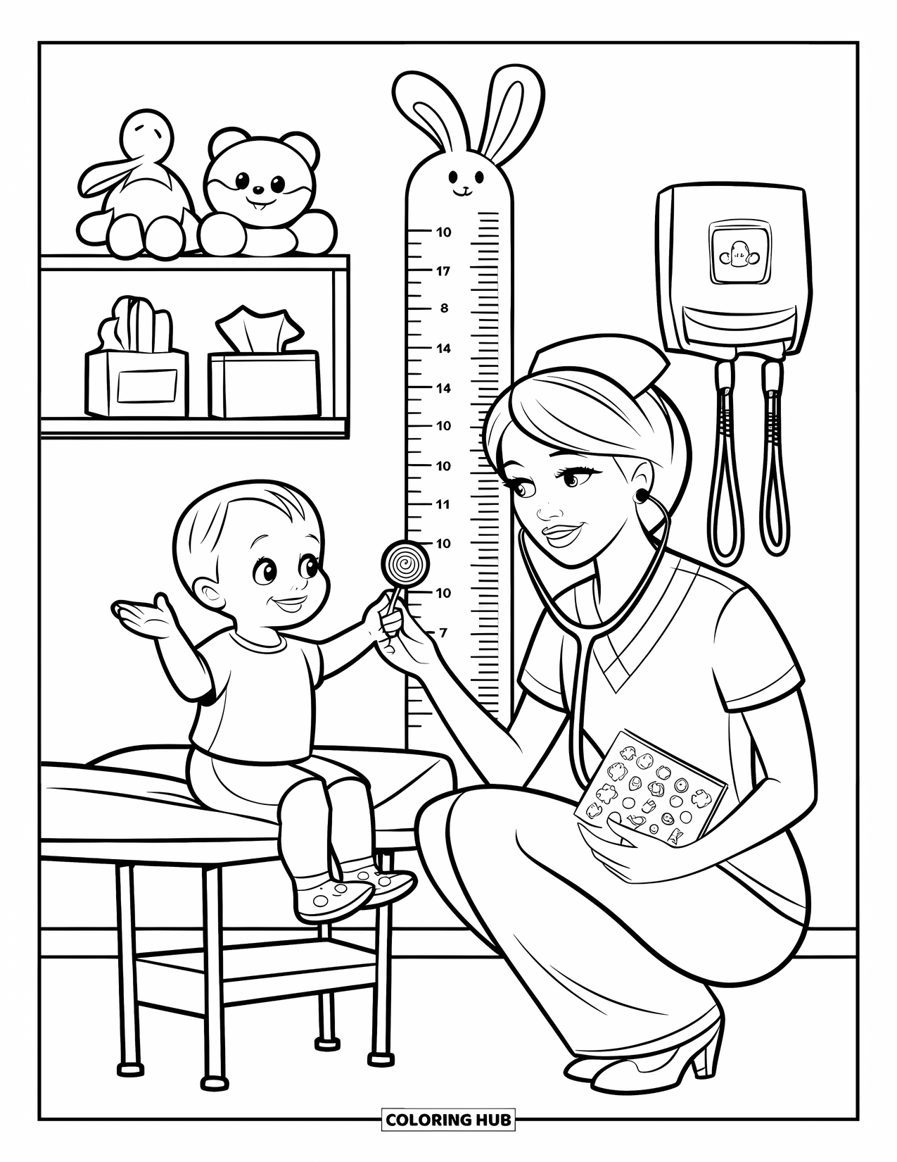 Nurse Coloring Page for Kids: A cheerful nurse gives a lollipop to a giggling child on the exam table