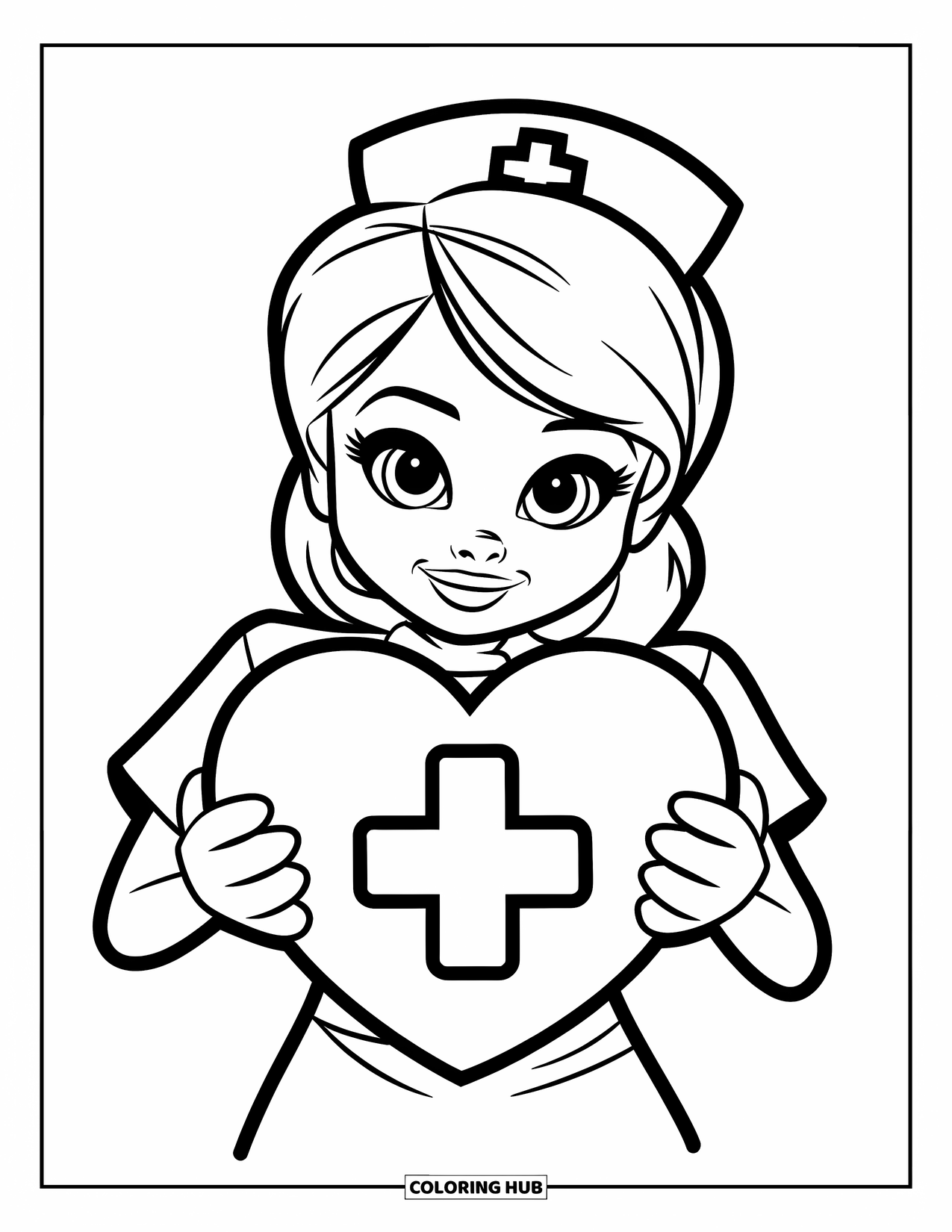 Nurse Coloring Page for Kids: A cheerful nurse proudly holds a heart with a medical cross