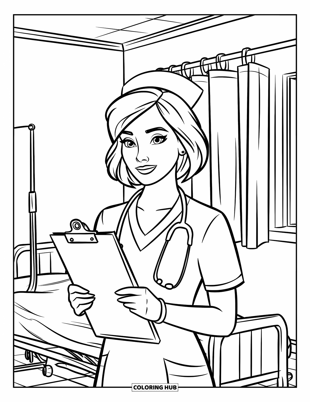 Nurse Coloring Page for Kids: A confident nurse stands with a clipboard beside a sunny window