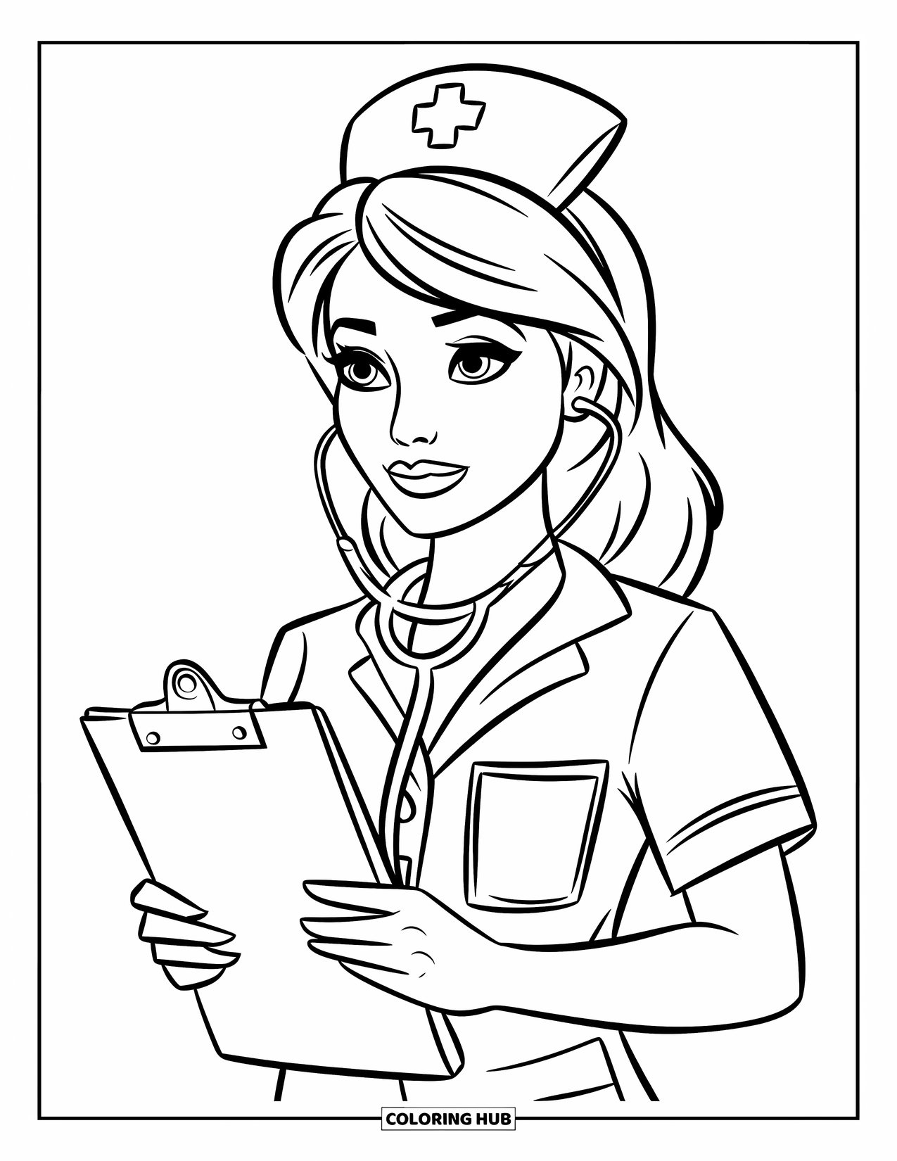 Nurse Coloring Page for Kids: A focused nurse holds her clipboard and smiles in a quiet hospital
