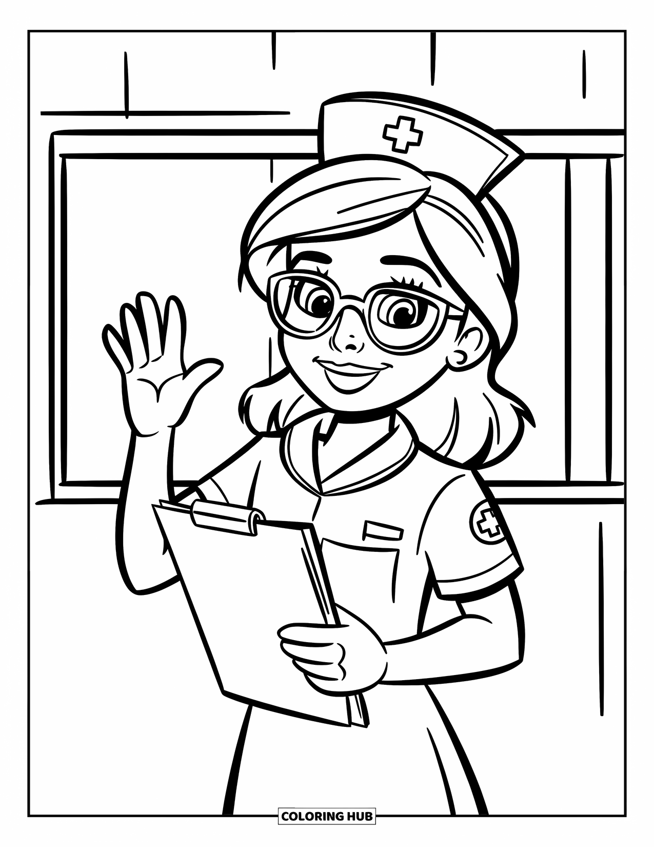 Nurse Coloring Page for Kids: A friendly nurse waves and smiles in her bright hospital room