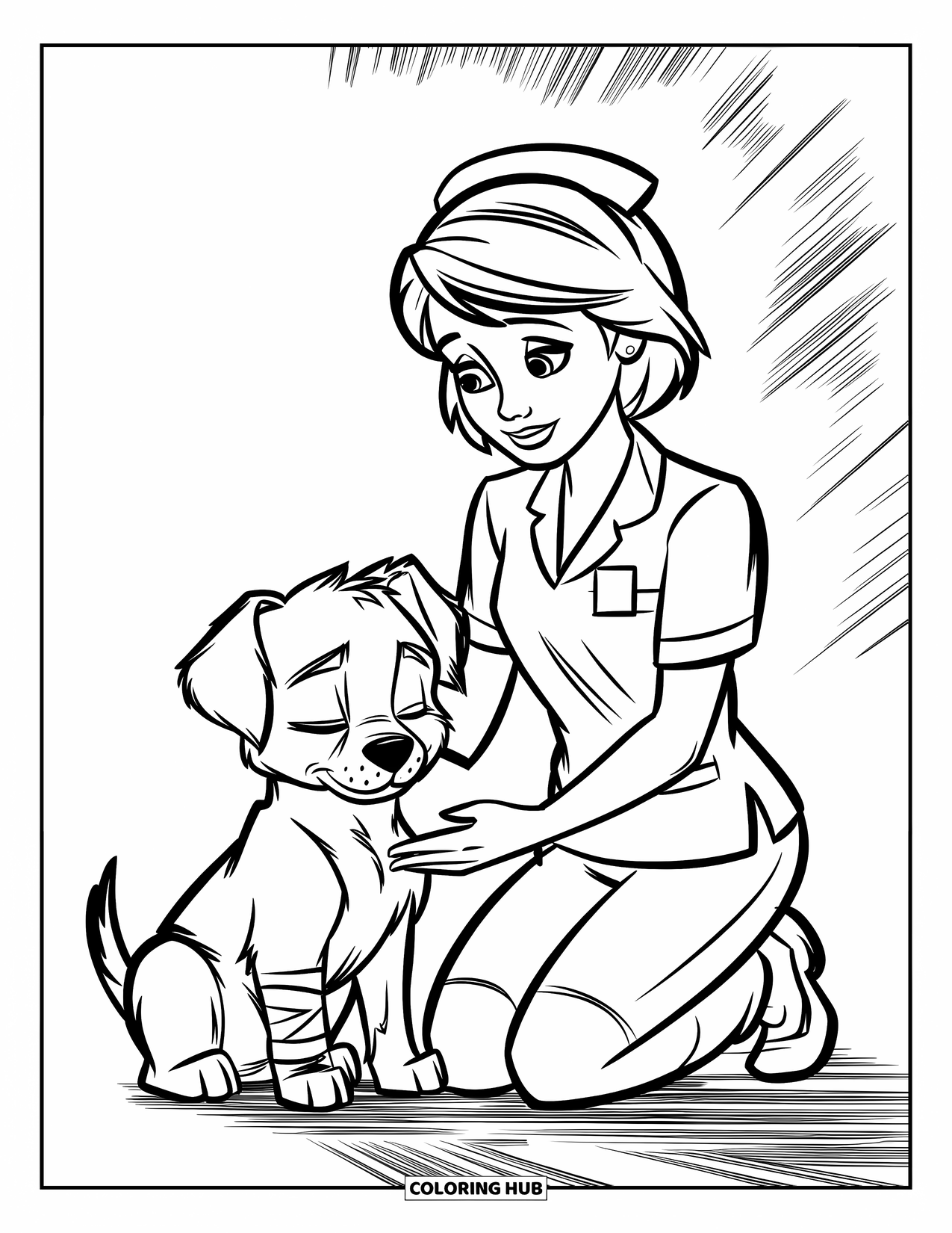 Nurse Coloring Page for Kids: A gentle nurse tends to an injured puppy with a caring smile