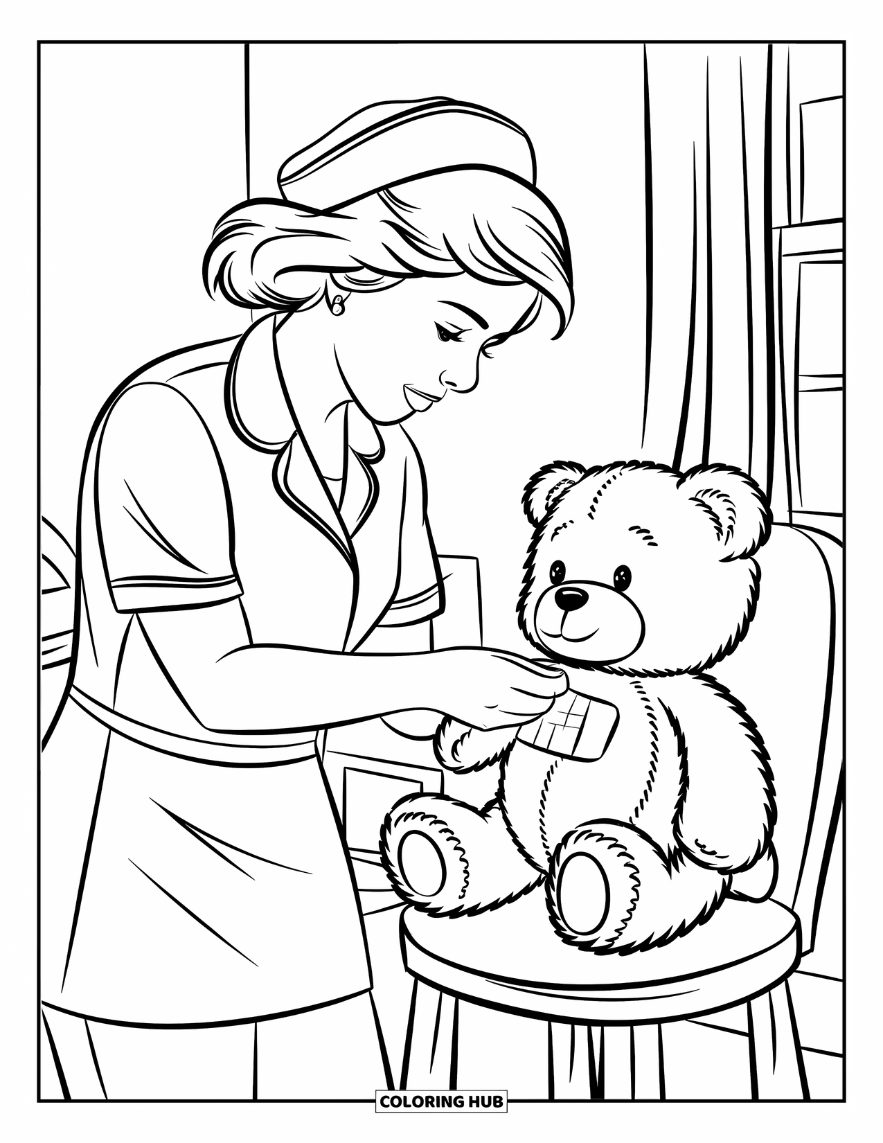 Nurse Coloring Page for Kids: A gentle nurse wraps a teddy bear's paw with a soft bandage
