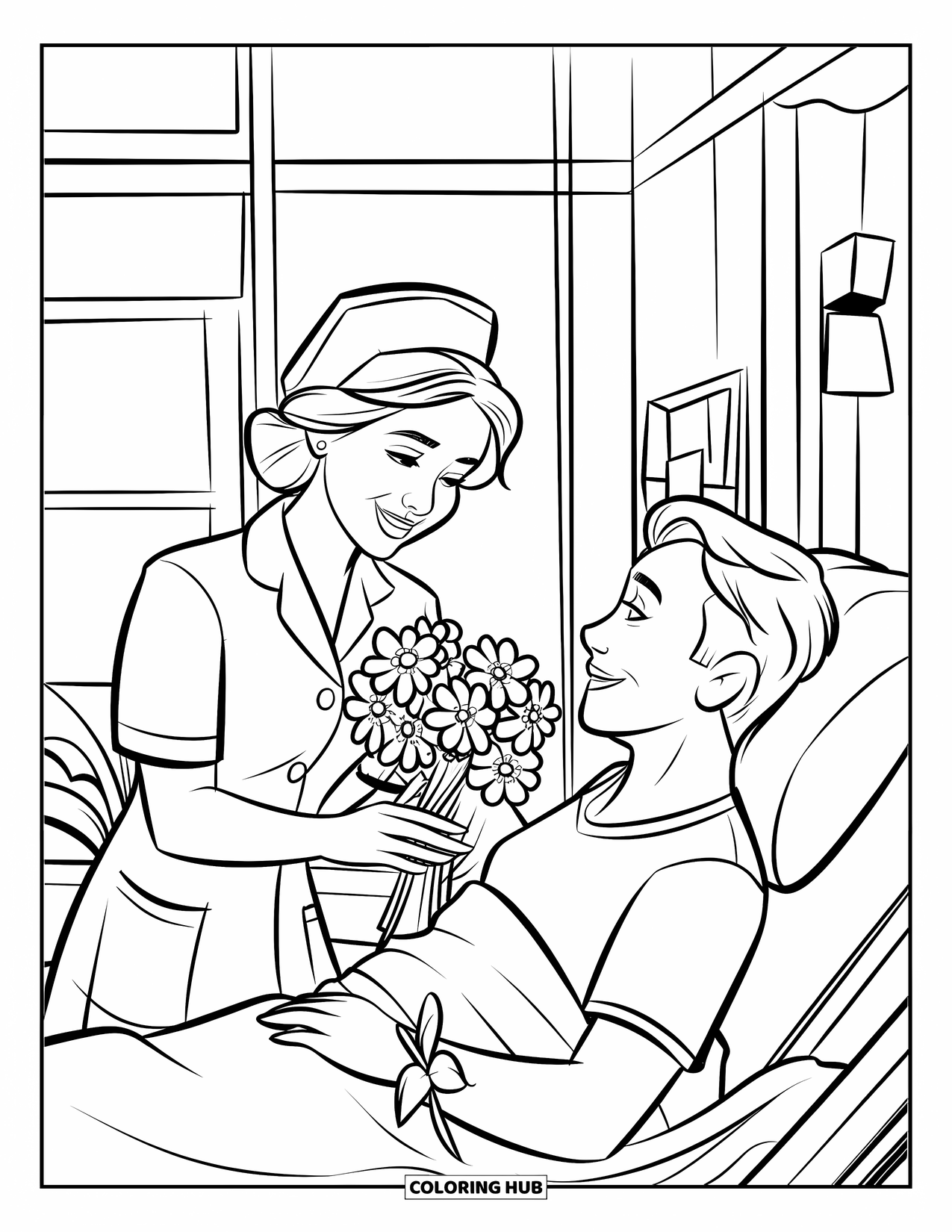 Nurse Coloring Page for Kids: A grateful patient offers flowers to a smiling nurse at their bedside
