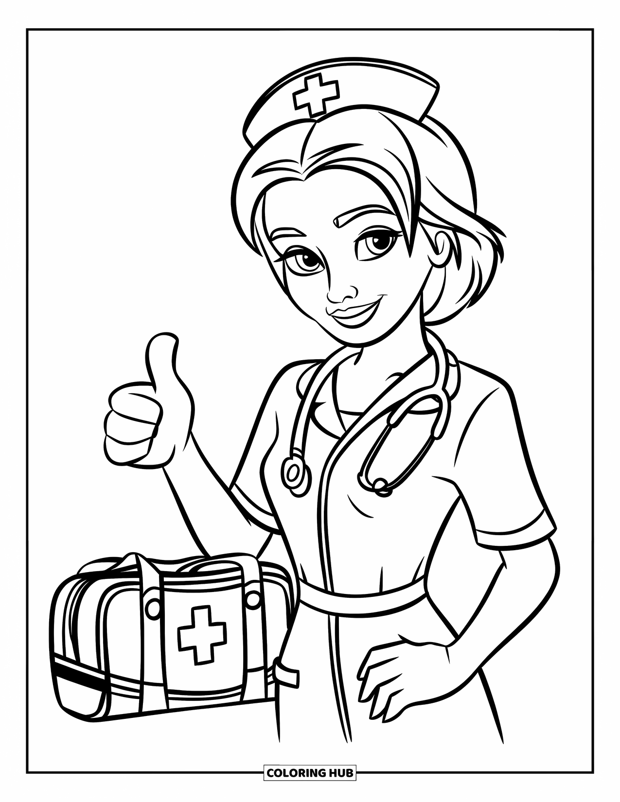 Nurse Coloring Page for Kids: A happy nurse gives a thumbs up with her bag by her side