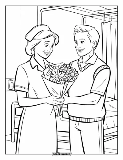 Tegning af sygeplejerske til børn: En glad sygeplejerske modtager blomster fra en taknemmelig hospitalpatient