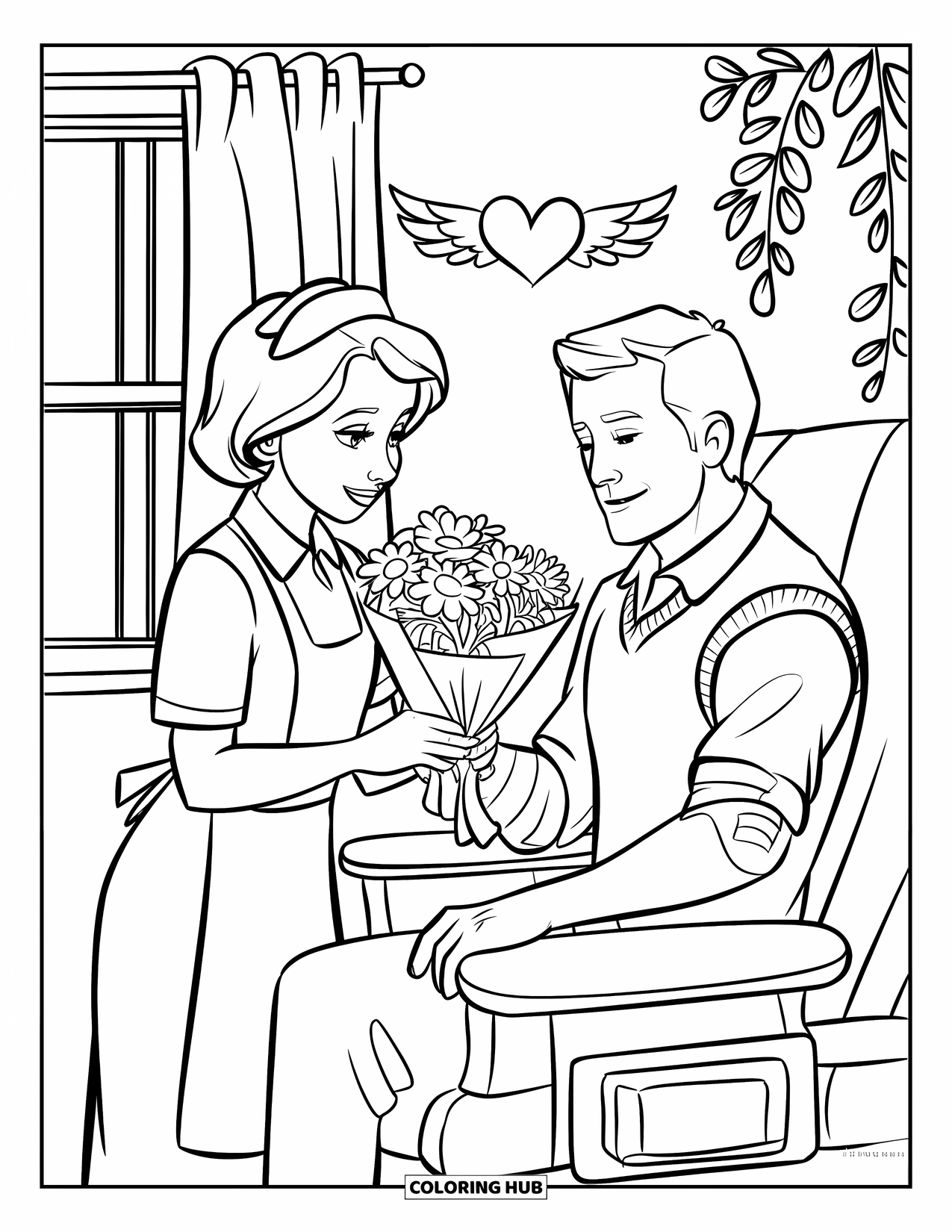 Nurse Coloring Page for Kids: A kind nurse accepts flowers from a grateful patient with a smile
