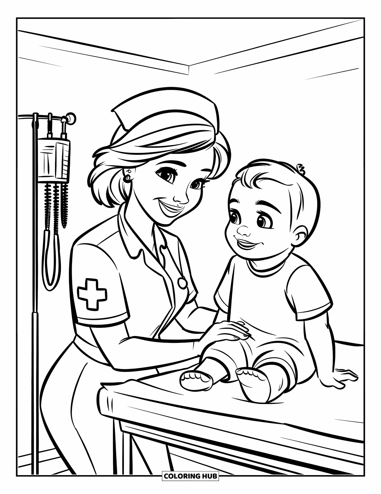 Nurse Coloring Page for Kids: A kind nurse comforts a cheerful child during their checkup