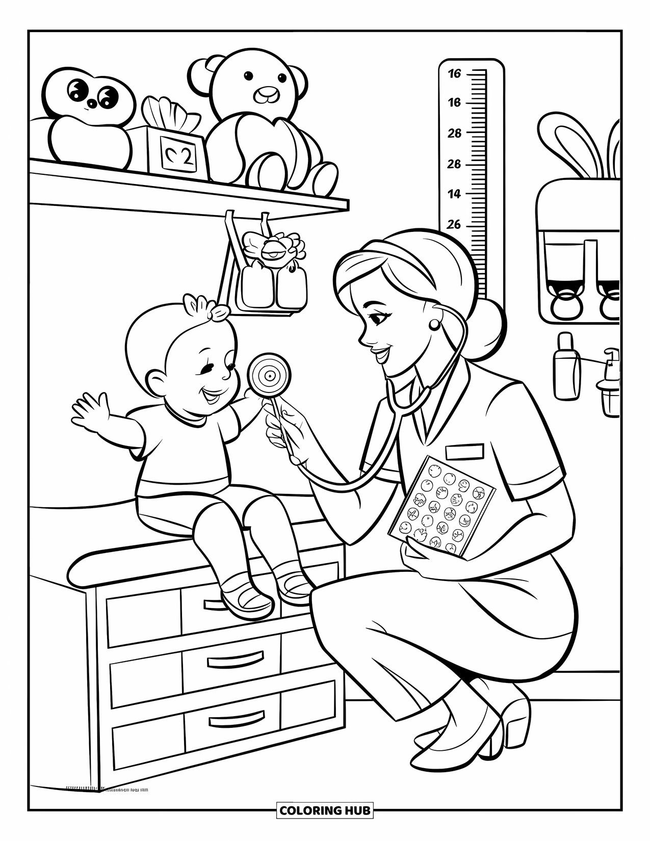 Nurse Coloring Page for Kids: A kind nurse hands a lollipop to a smiling child in the exam room