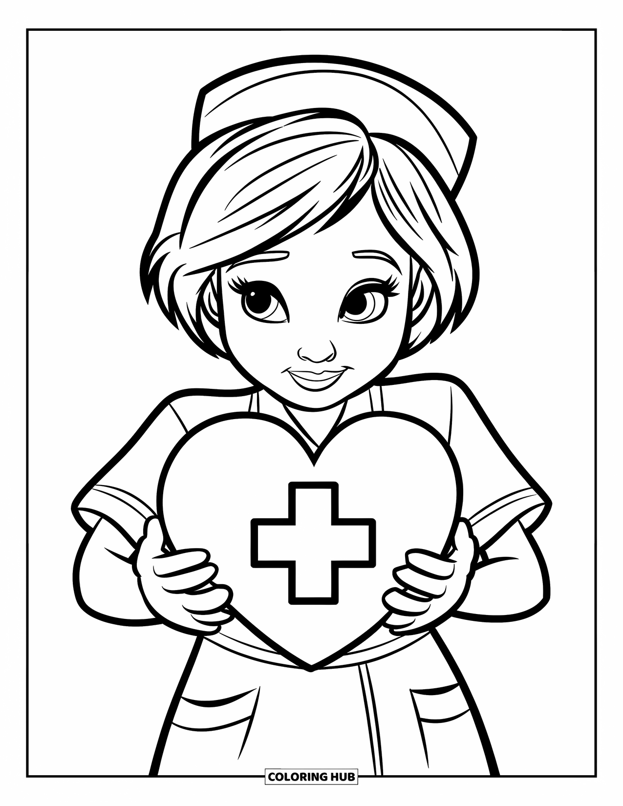Nurse Coloring Page for Kids: A kind nurse holds a heart-shaped symbol of care and compassion