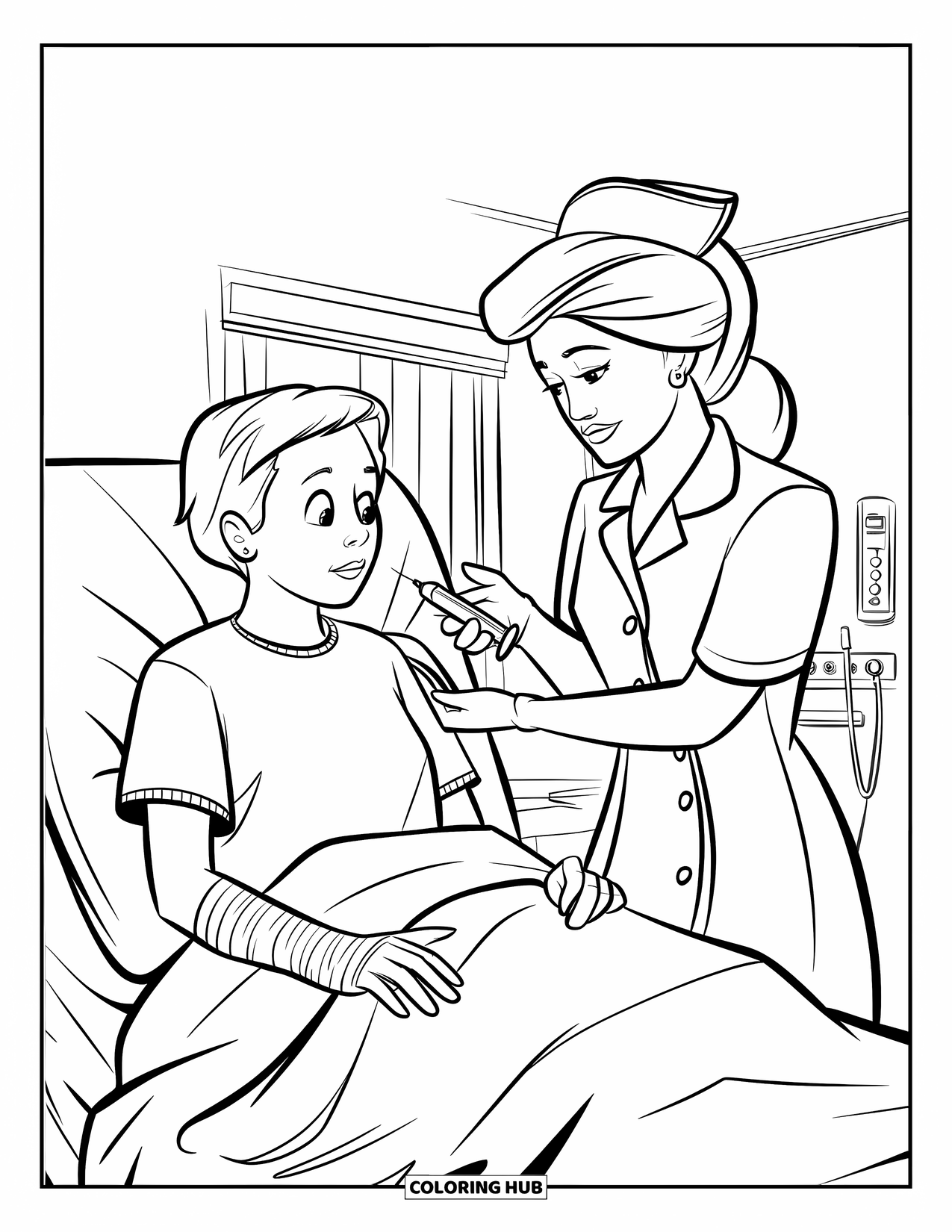 Nurse Coloring Page for Kids: A kind nurse offers medicine to a smiling patient sitting up in bed