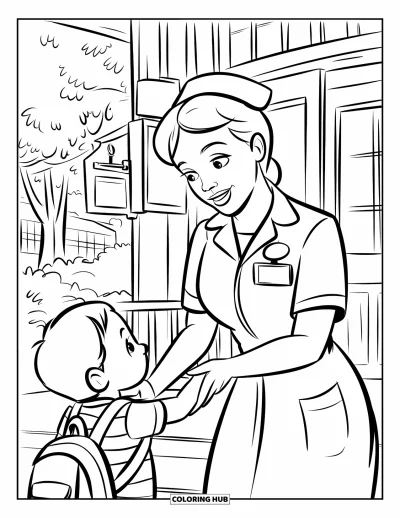 Tegning af sygeplejerske til børn: En venlig sygeplejerske byder et barn velkommen med et varmt smil ved hospitalsdøren