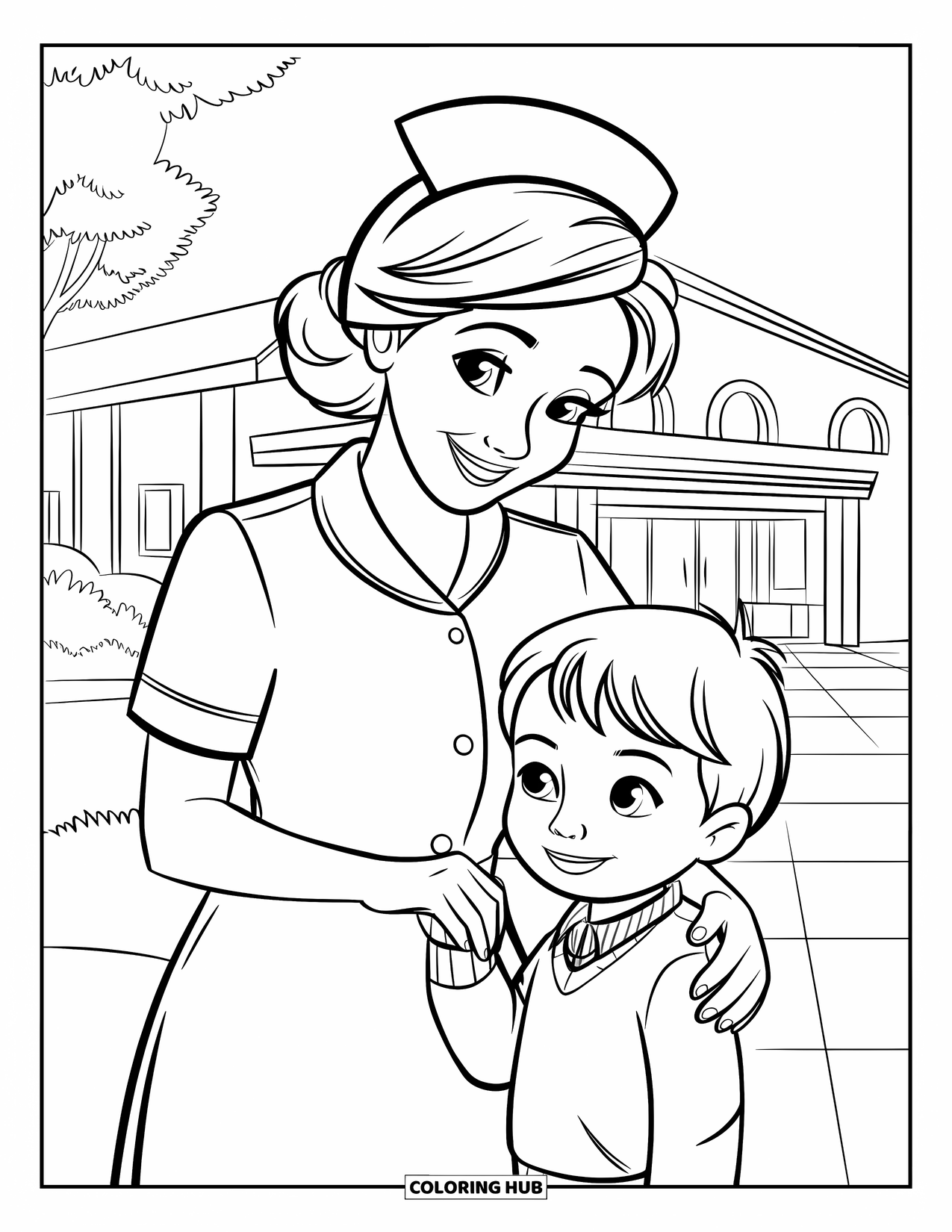 Nurse Coloring Page for Kids: A nurse and a happy child stand together outside the hospital