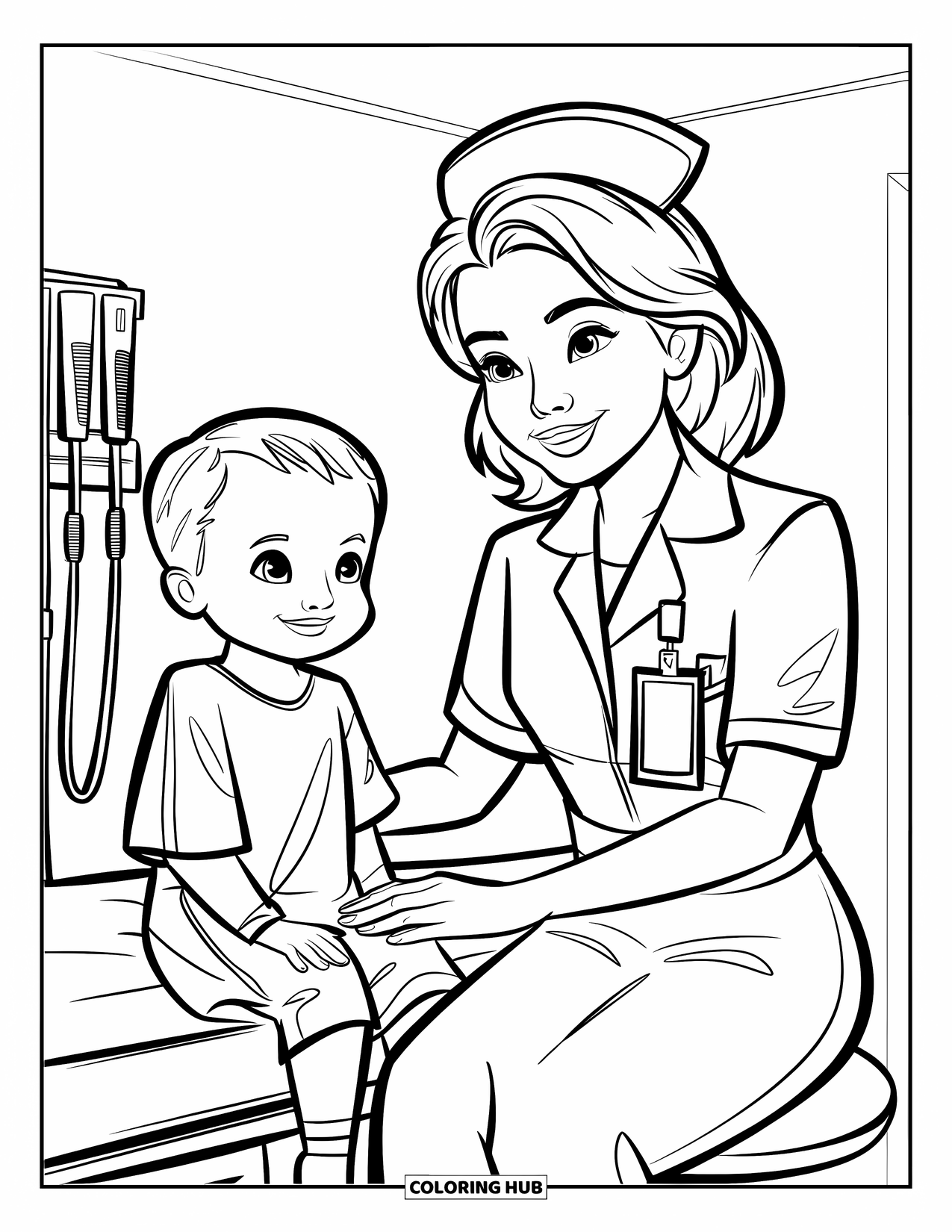 Nurse Coloring Page for Kids: A nurse and a smiling child sit together happily on an exam table