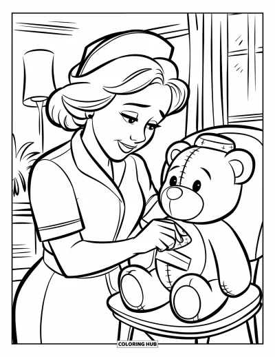 Tegning af sygeplejerske til børn: En sygeplejerske sætter forsigtigt en bandage på en bamses pote