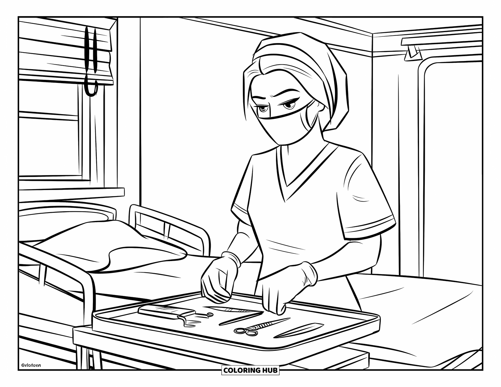 Nurse Coloring Page for Kids: A nurse organizes her medical tray with focus and care