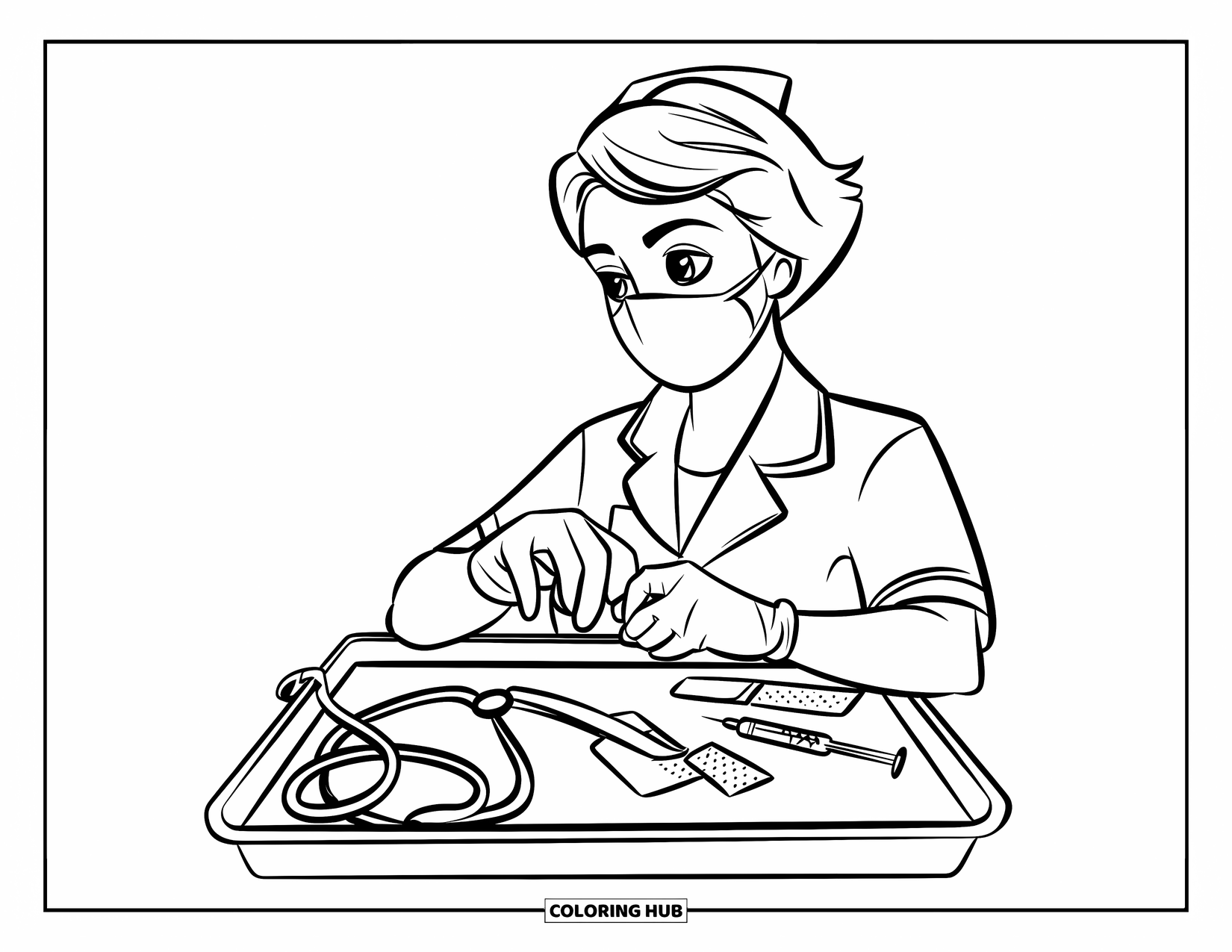 Nurse Coloring Page for Kids: A nurse prepares medical tools carefully on a tray before treatment