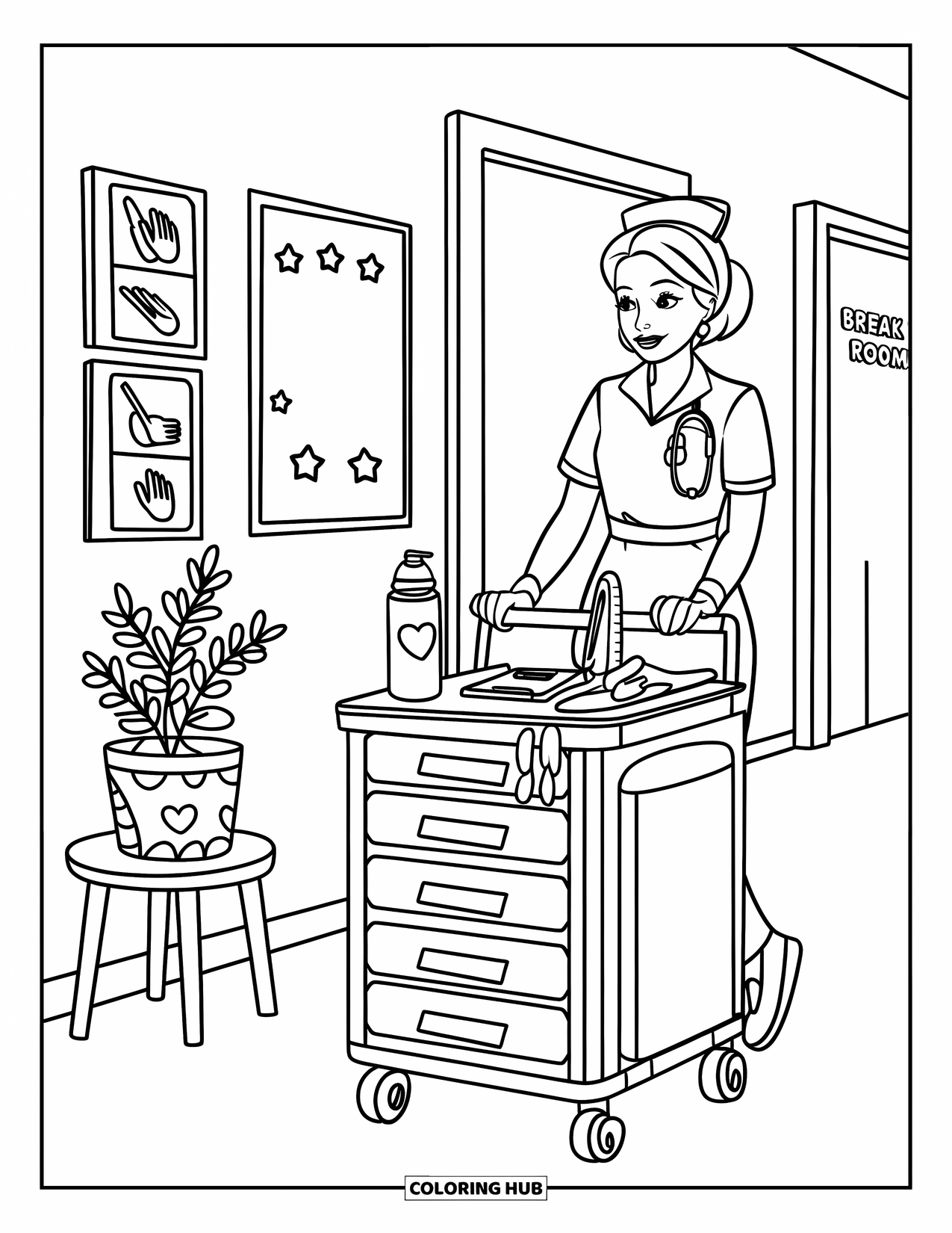 Nurse Coloring Page for Kids: A nurse pushes a supply cart through a hallway with bright, friendly decor