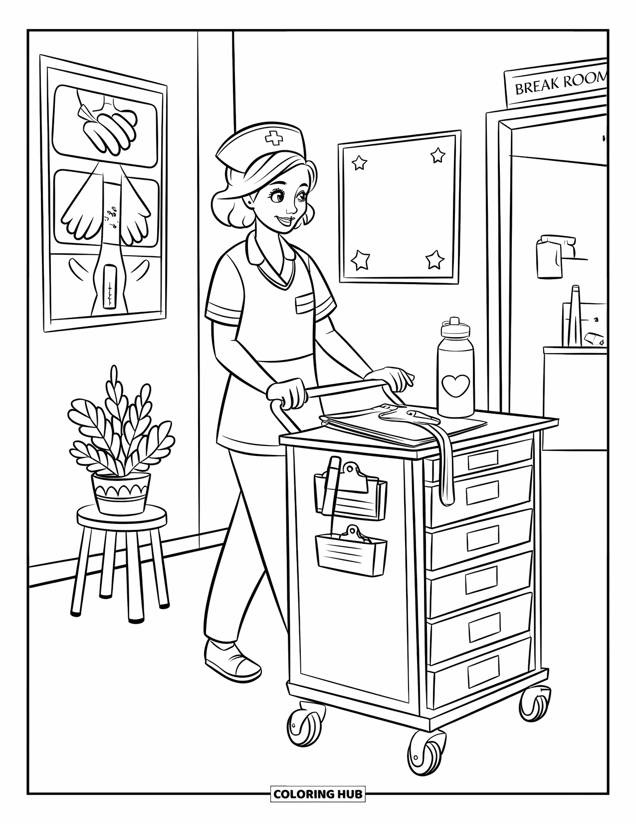 Nurse Coloring Page for Kids: A nurse pushes her cart down a sunny hallway lined with cheerful posters