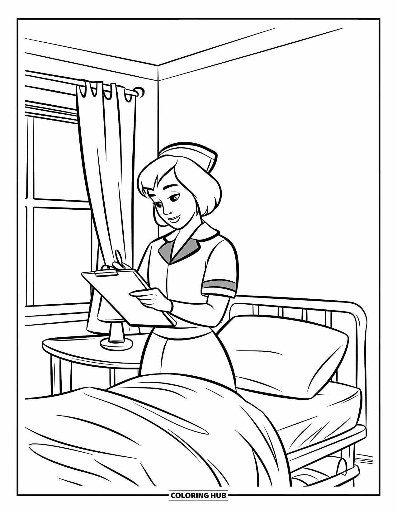 Nurse Coloring Page for Kids: A nurse records notes near a hospital bed with care and focus