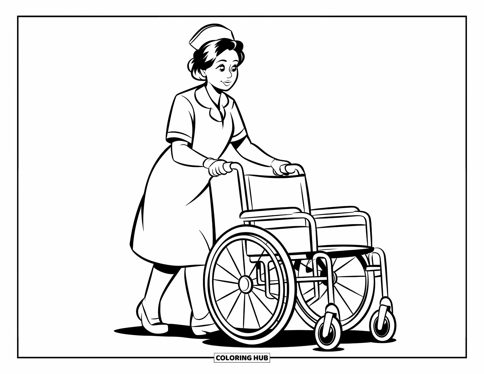 Nurse Coloring Page for Kids: A nurse stands behind an empty wheelchair with a calm smile