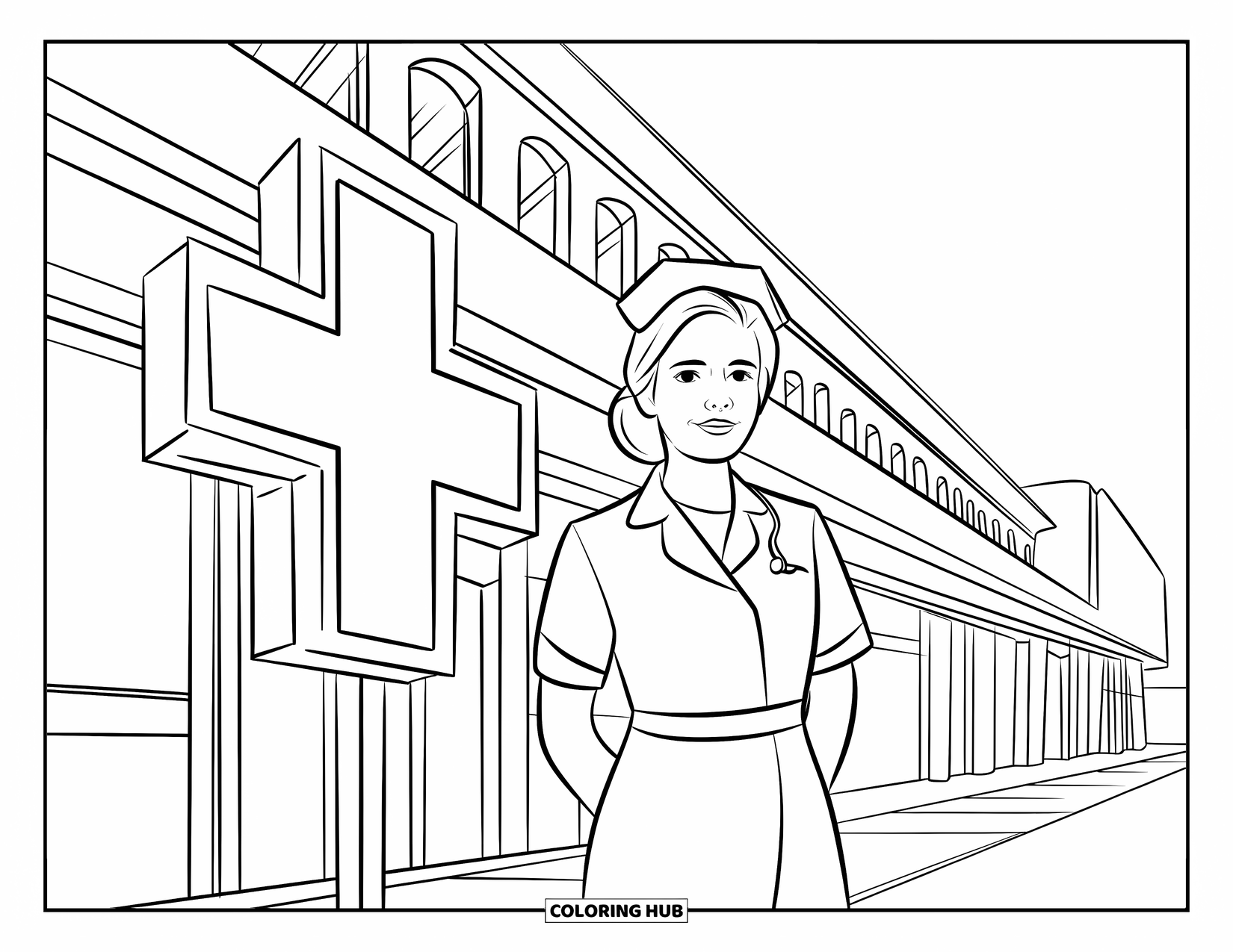 Nurse Coloring Page for Kids: A nurse stands proudly beside a large hospital building