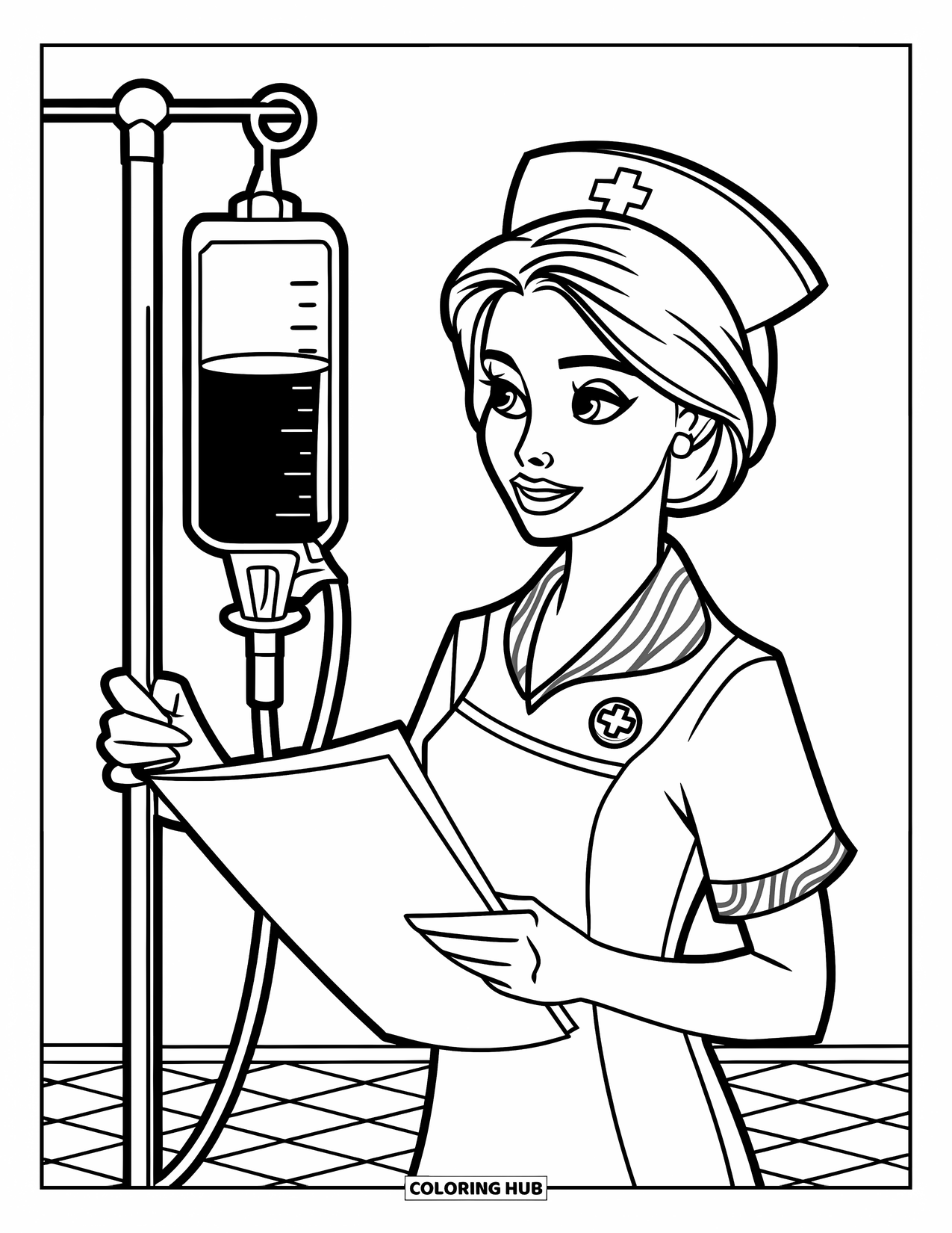 Nurse Coloring Page for Kids: A nurse stands with a chart near an IV stand in a quiet room