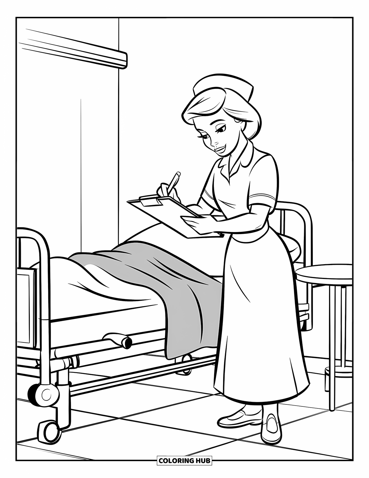 Nurse Coloring Page for Kids: A nurse takes patient notes beside a neatly made hospital bed