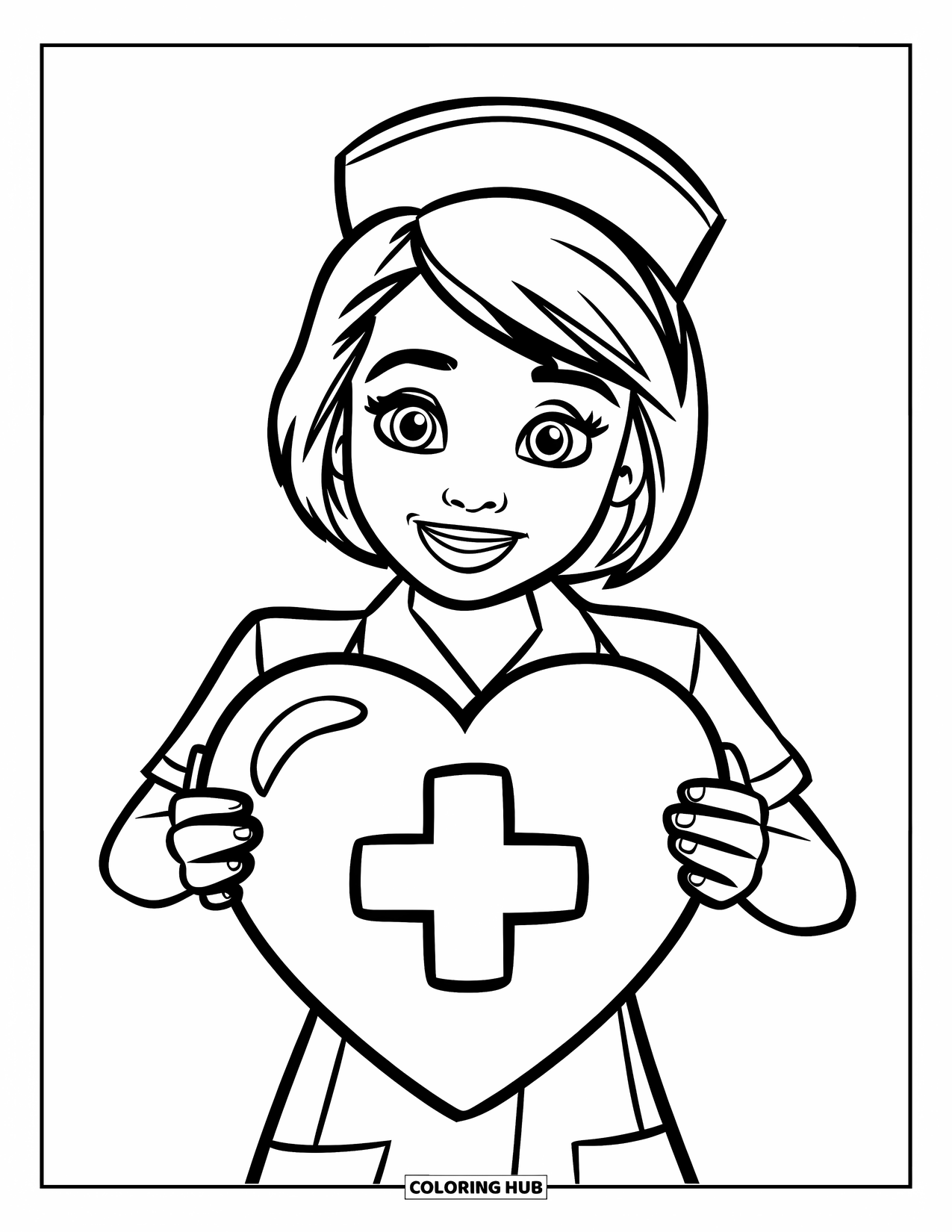 Nurse Coloring Page for Kids: A smiling nurse holds a heart symbol with a medical cross in the center