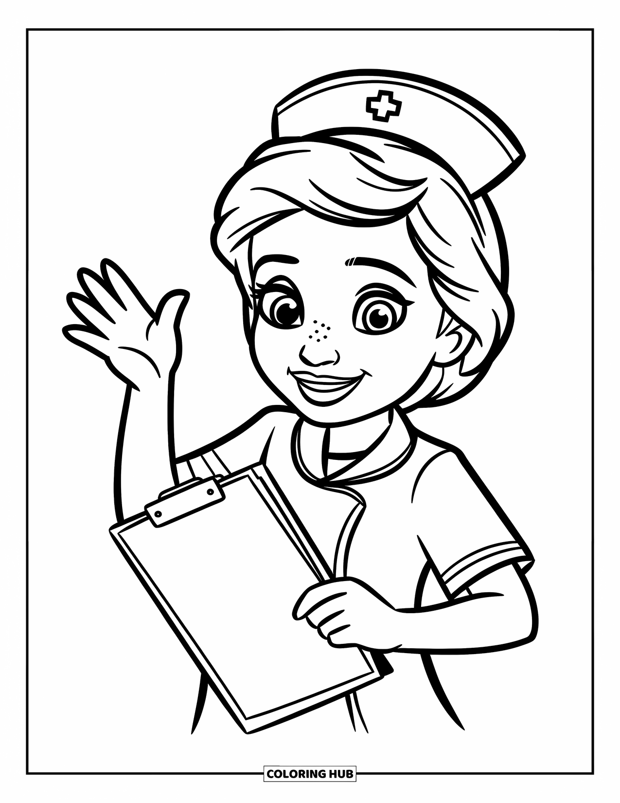 Nurse Coloring Page for Kids: A smiling nurse waves kindly while holding her clipboard in hand