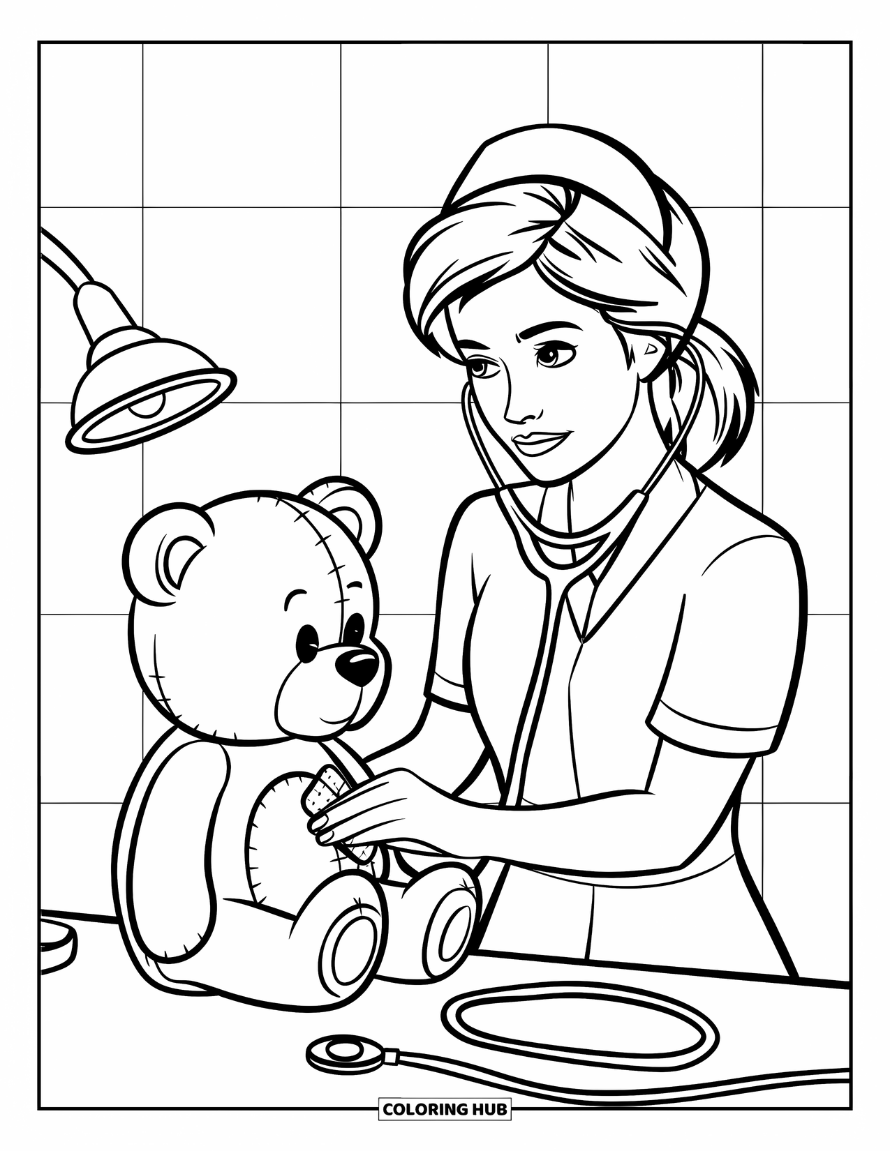 Nurse Coloring Page for Kids: A sweet nurse bandages a teddy bear's paw with kindness