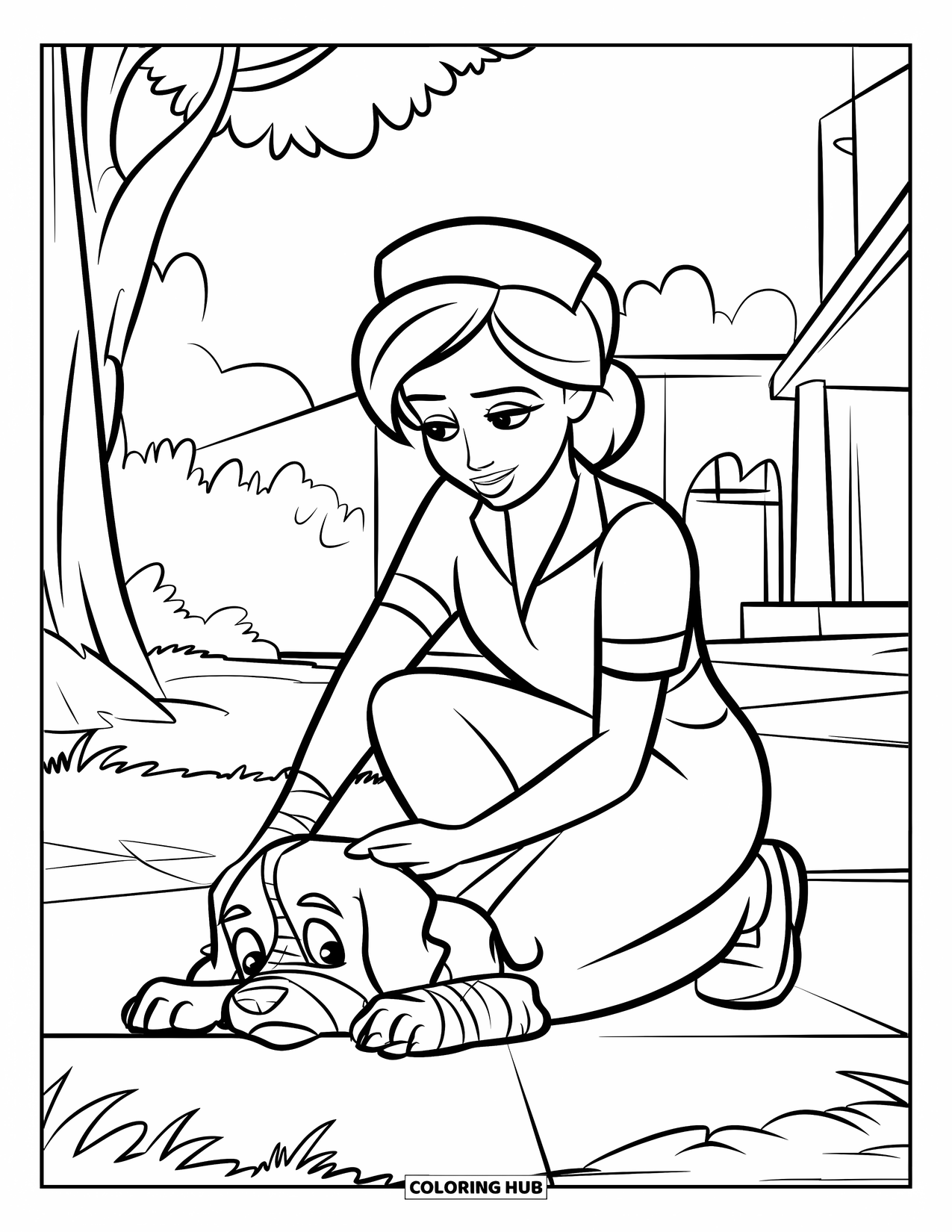 Nurse Coloring Page for Kids: A sweet nurse comforts a hurt puppy resting quietly on the ground
