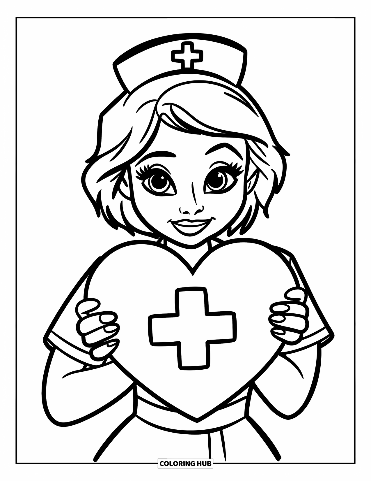 Nurse Coloring Page for Kids: A sweet nurse holds a heart symbol of love and healing